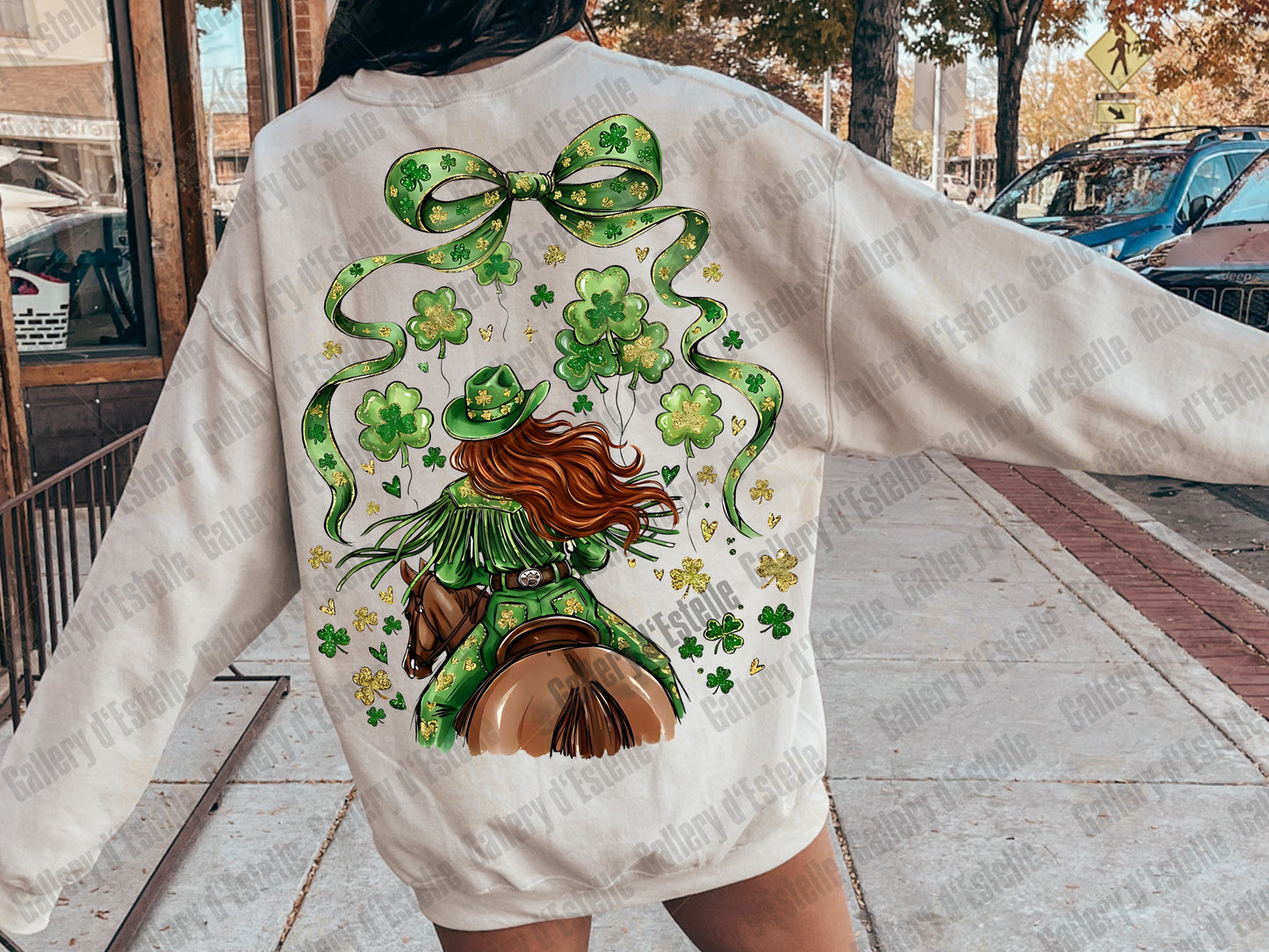 Western St Patrick’s Cowgirl PNG, Retro Country Rodeo Art, Coquette Lucky Shirt Design
