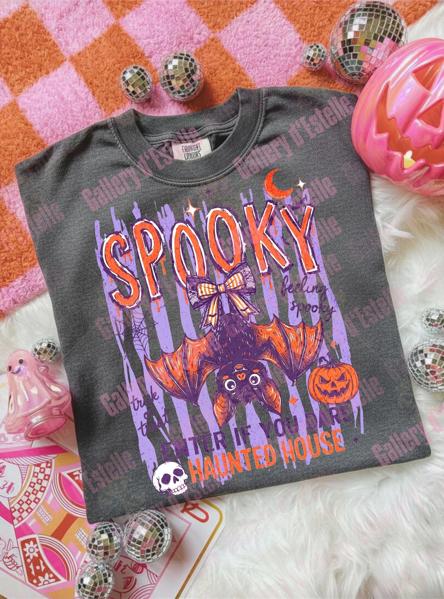 Spooky Bat PNG, Retro Haunted House Graphic, Coquette Halloween Shirt Design