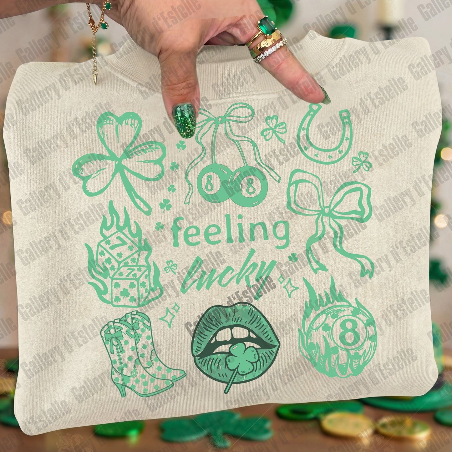 Feeling Lucky PNG, Retro Lucky Western Collage, Shamrock Dice 8 Ball Graphic, Trendy St Patrick’s Day Shirt Design