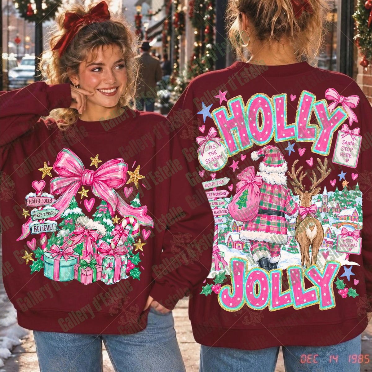 Two women shown from the back wearing matching maroon sweatshirts with large pink and multicolor Christmas graphics. The left shirt features a pink bow and gift design, while the right shirt displays 'HOLLY JOLLY' text with Santa, reindeer, and holiday motifs.