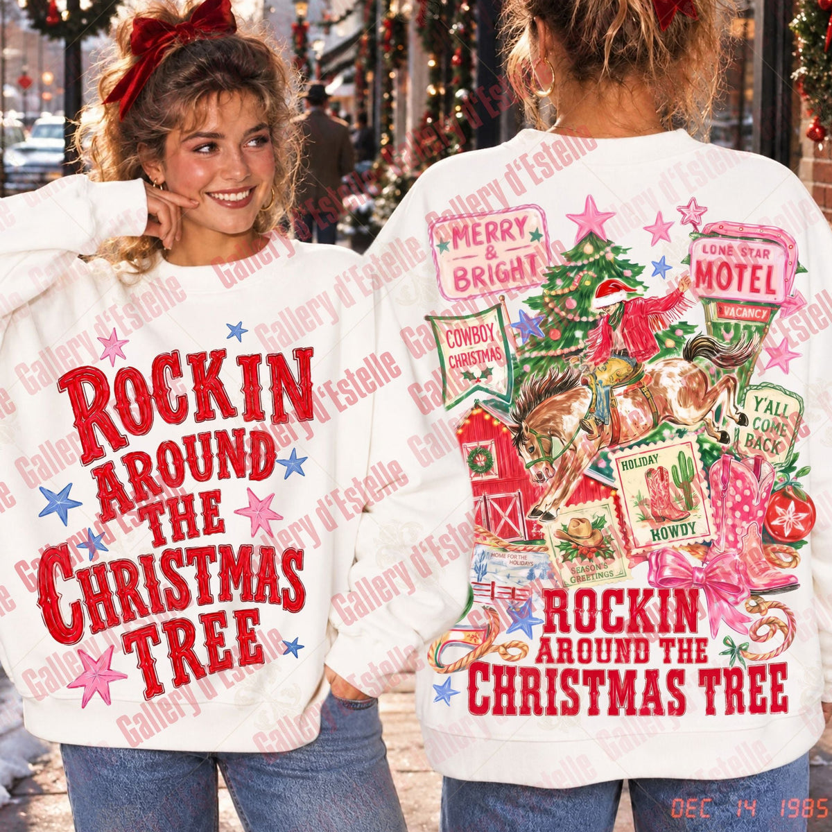 A vintage-style Christmas graphic sweatshirt shown on a model from both the front and back. The white crewneck sweatshirt features the red text 'ROCKIN AROUND THE CHRISTMAS TREE' with blue and pink star accents on the front, and a colorful collage of Christmas-themed illustrations on the back.