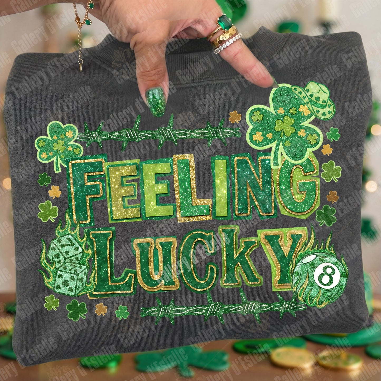 Coquette Feeling Lucky PNG, Retro Western Casino Graphic, Preppy Glitter Shamrock Art, Trendy St Patrick’s Day Design