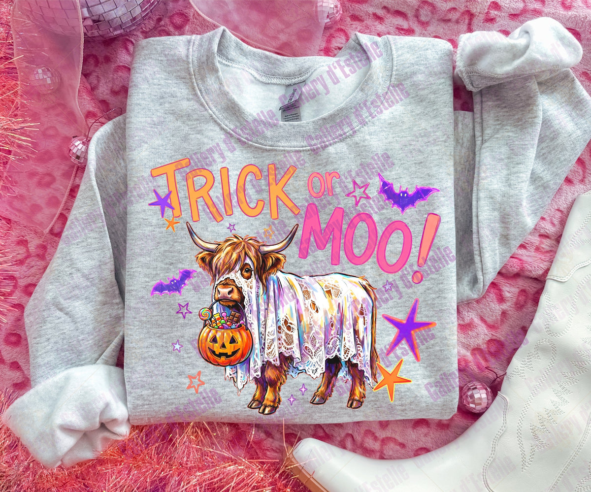 Trick or Moo PNG, Retro Spooky Highland Cow, Funny Trick or Treat Graphic, Trendy Halloween Shirt Design