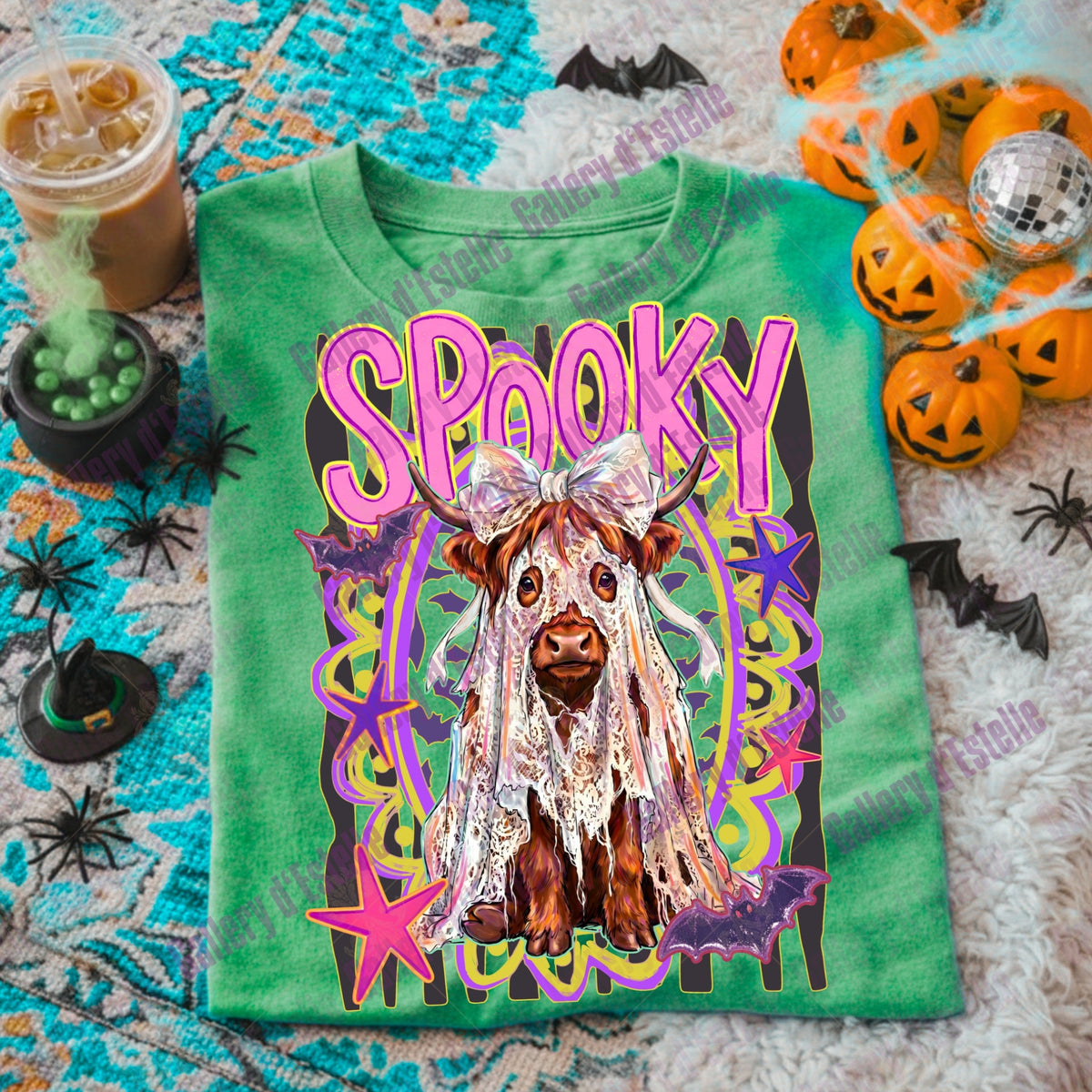 Preppy Spooky Highland Cow PNG, Retro Funny Ghost Graphic, Trendy Halloween Shirt Design