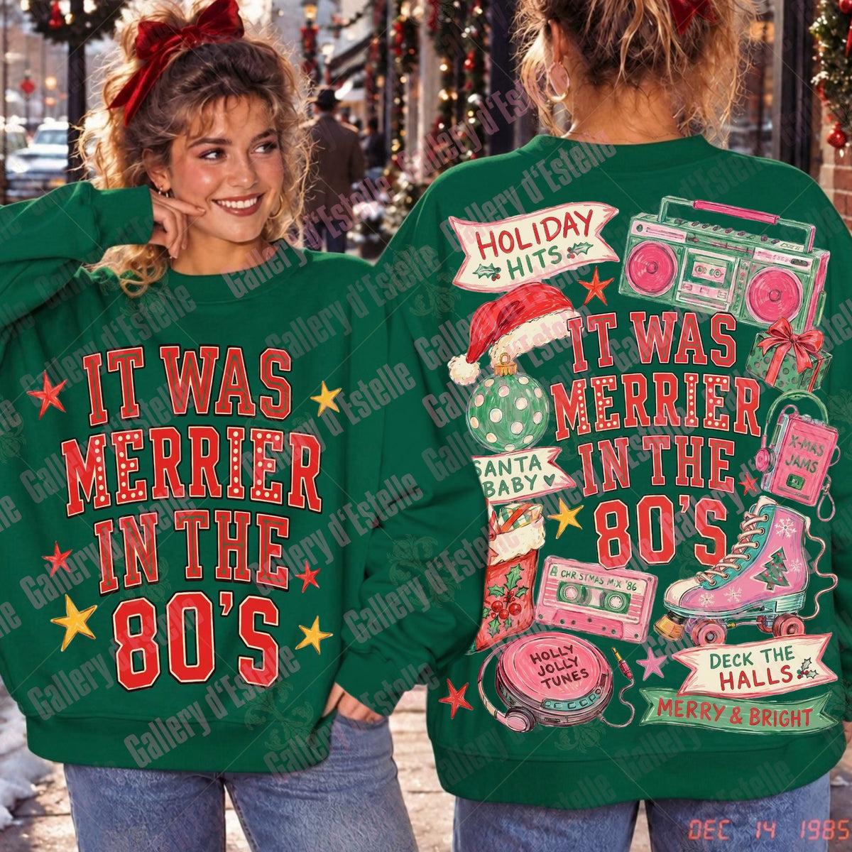 Two women modeling a green Christmas-themed sweatshirt, showing both the front and back designs. The sweatshirt features retro 1980s graphics including boomboxes, cassette tapes, a Santa hat, and the text 'IT WAS MERRIER IN THE 80'S'.