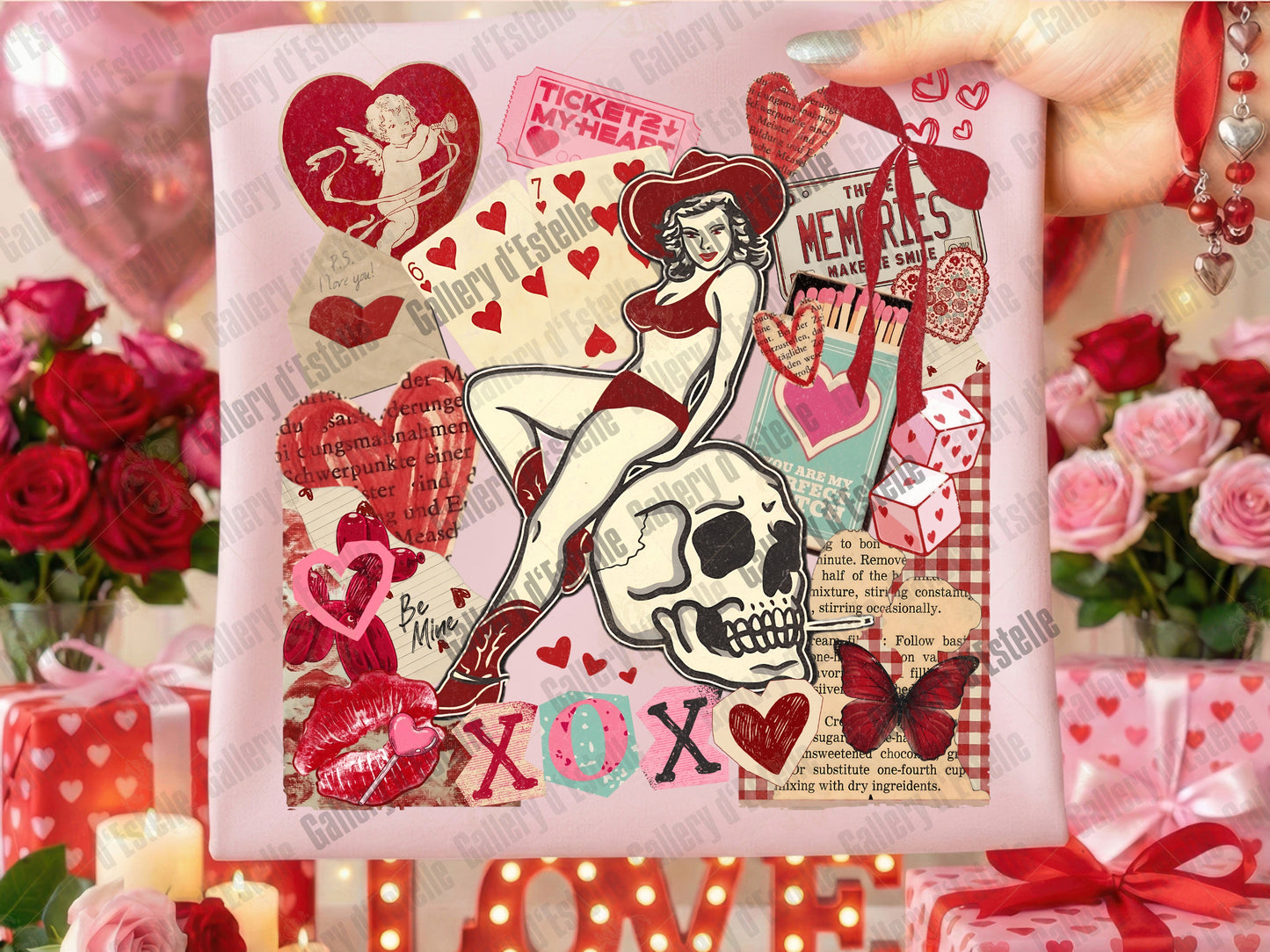 Retro Cowgirl Love Collage PNG, Edgy Y2K Valentine Graphic, Western Pinup Skull Art, Trendy Love Shirt Design