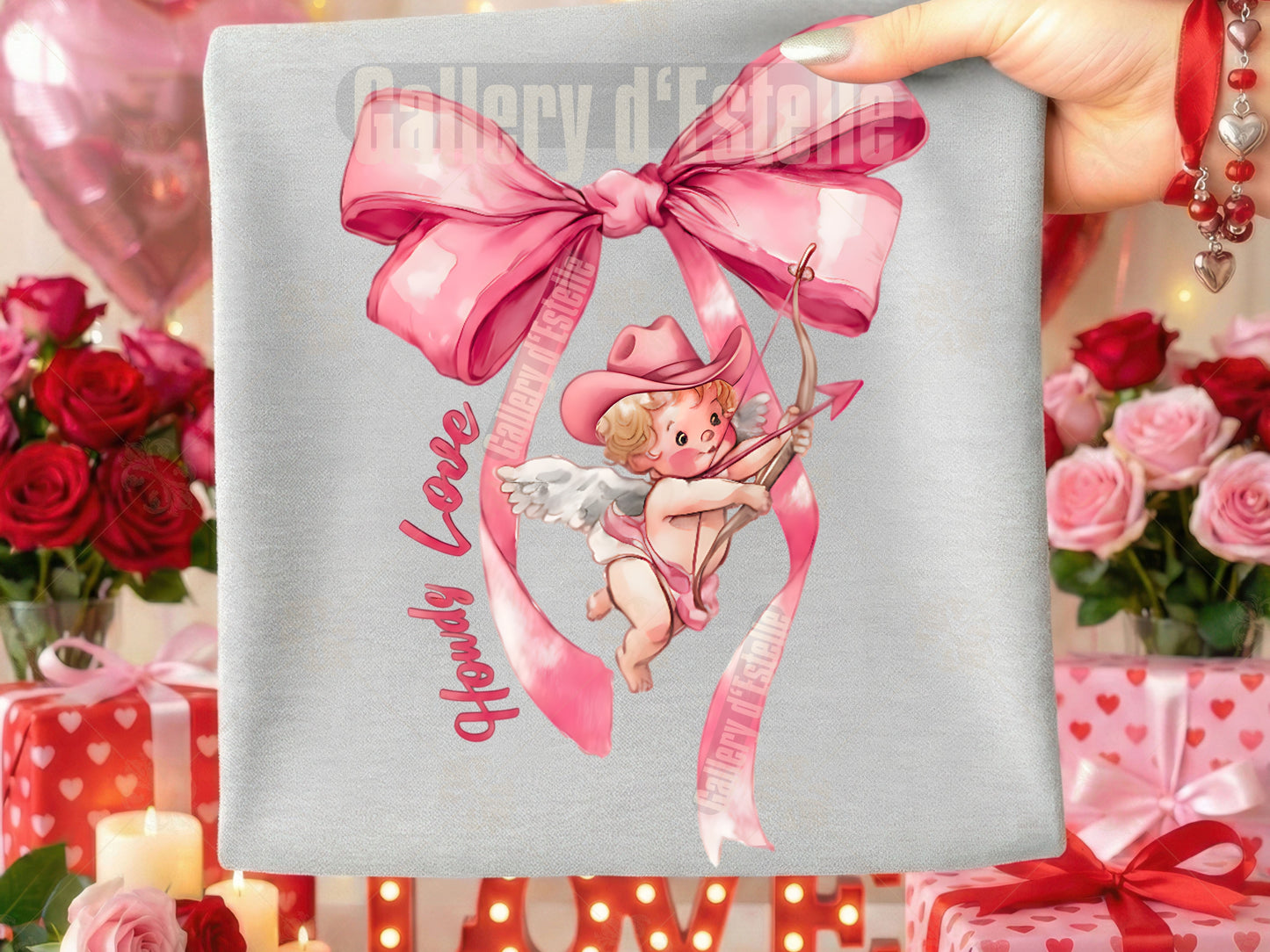 Howdy Love Cupid PNG, Coquette Western Bow Graphic, Retro Valentine Cowboy Art, Preppy Shirt Design