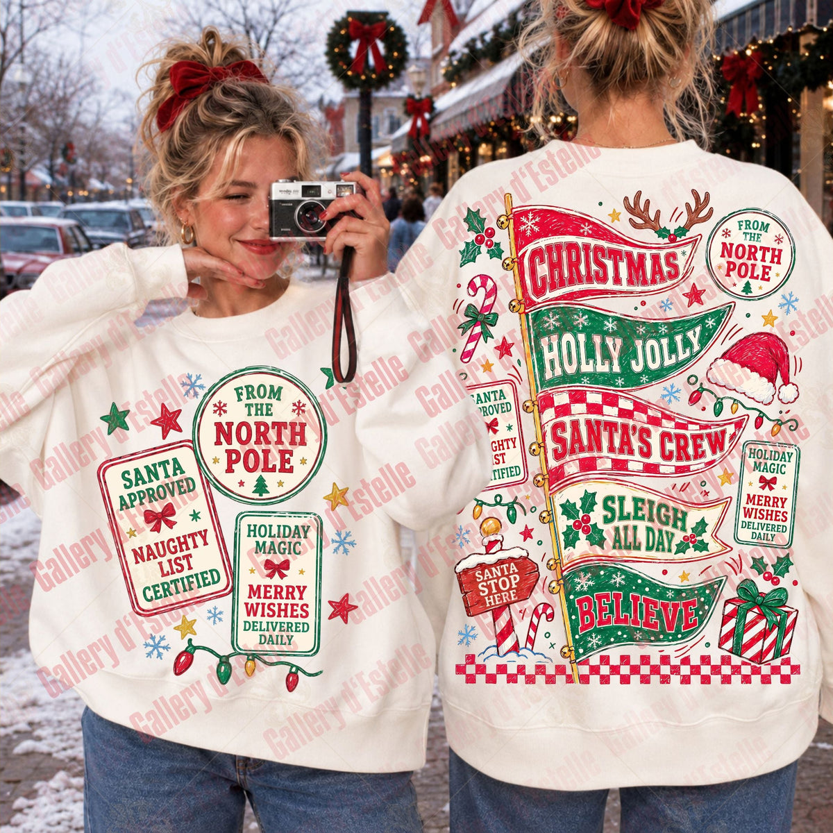 Two women shown outdoors in a snowy holiday street setting, modeling a cream-colored Christmas sweater from both the front and back. The front features a green and red 'Santa Approved' graphic, while the back is covered in festive red, green, and white holiday text and graphics including 'Christmas Holly Jolly' and 'Santa Crew'.