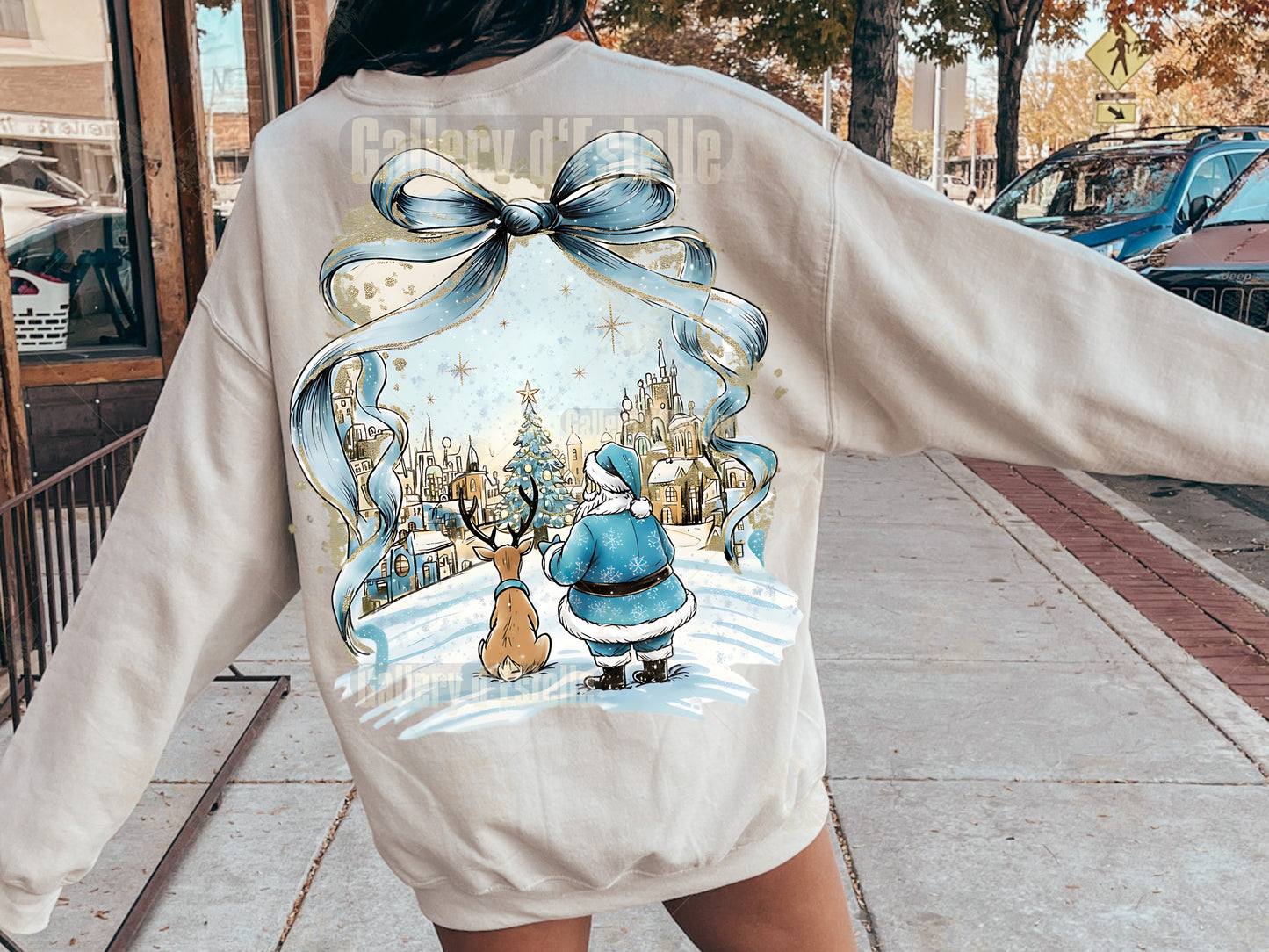 Blue Christmas Town PNG, Retro Santa and Reindeer, Whimsical Winter Holiday Sublimation, Coquette Shirt Design