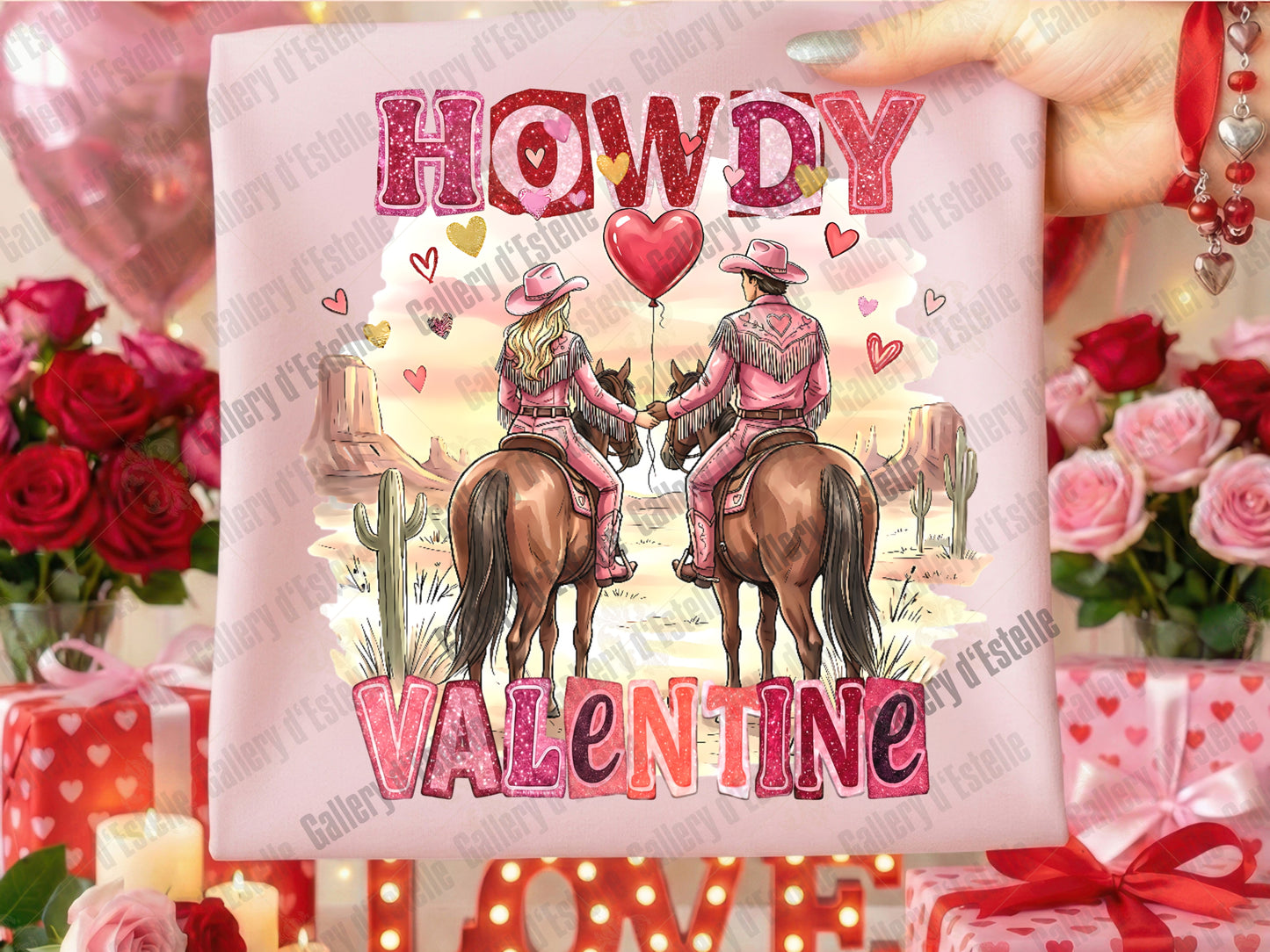 Retro Howdy Valentine PNG, Western Glitter Graphic, Coquette Cowgirl Illustration, Preppy Cowboy Love Shirt Design