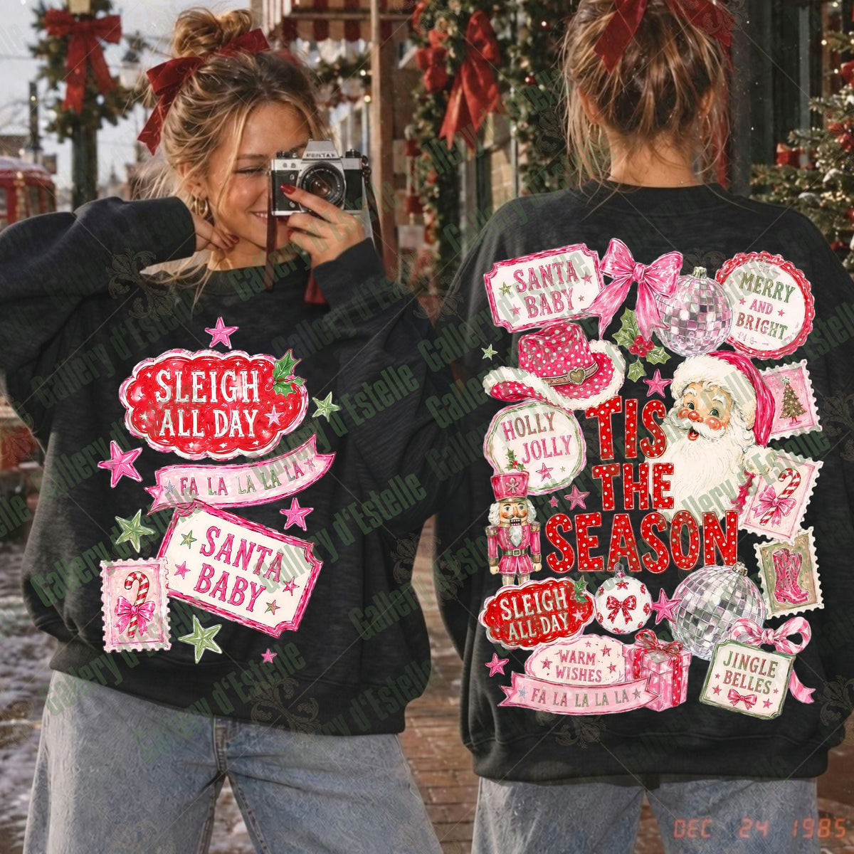 A person shown from both front and back wearing a black Christmas-themed sweatshirt with large festive graphics including 'Sleigh All Day,' 'Santa Baby,' 'Tis the Season,' and holiday signs in pink, red, white, and silver.