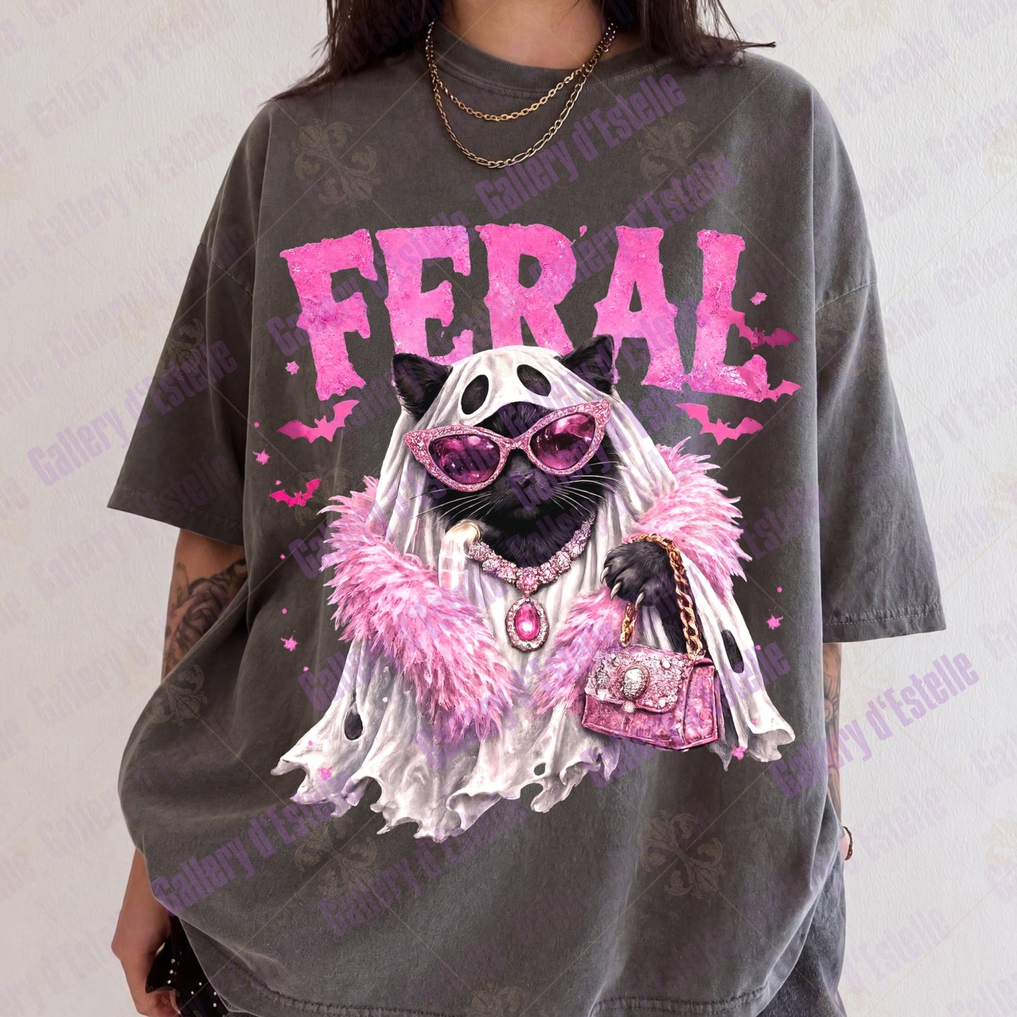 Feral Spooky Cat PNG, Retro Glam Ghost Graphic, Coquette Halloween Shirt Design