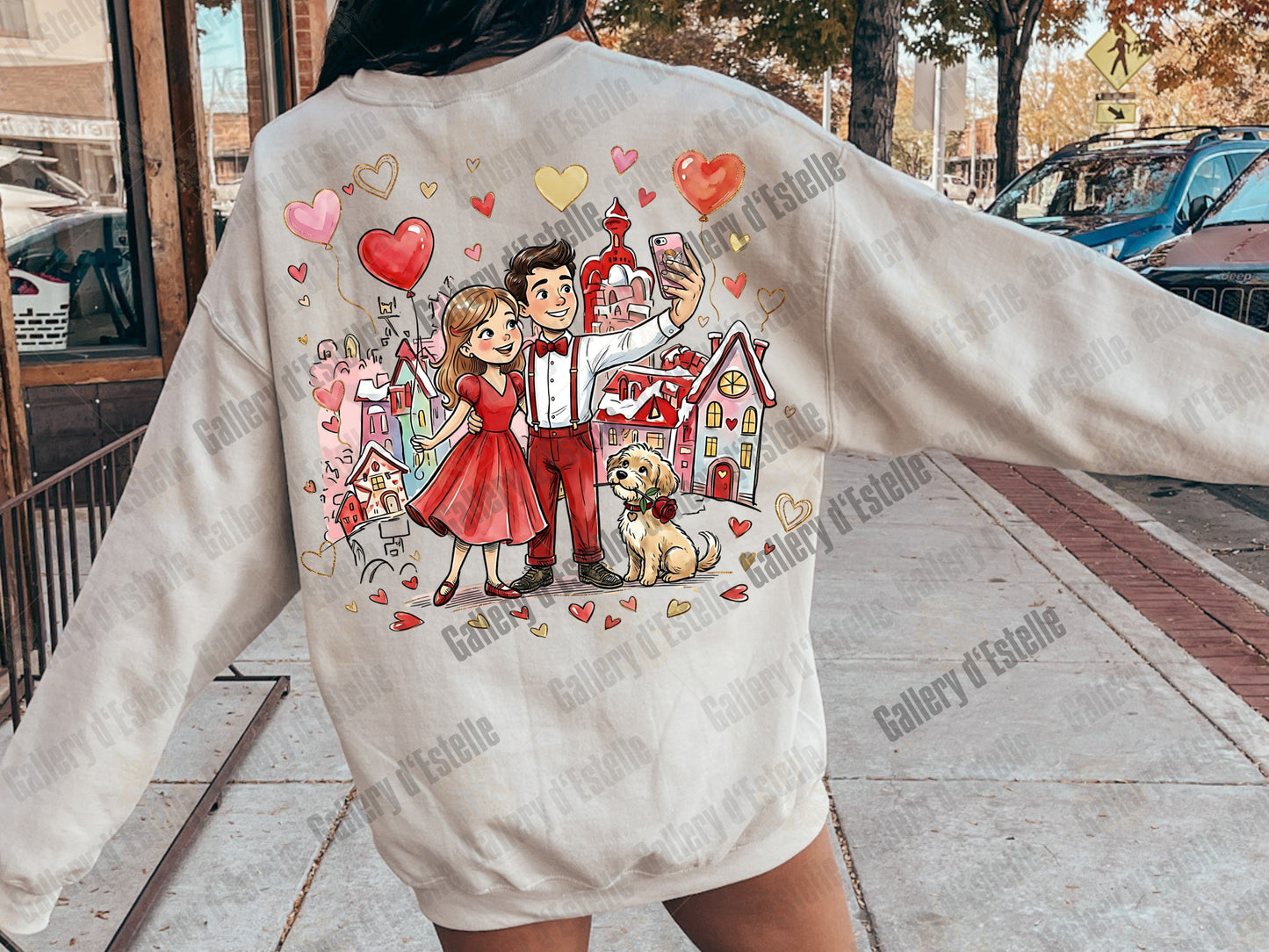 Retro Valentine Love PNG, Whimsical Selfie Couple Illustration, Preppy VDay Shirt Design