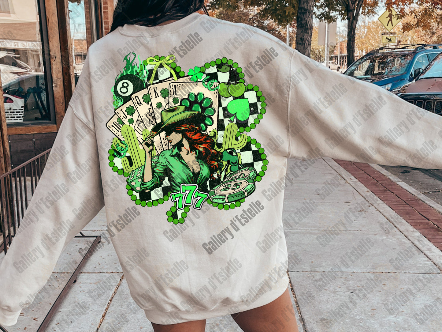 Western St Patricks Day Lucky Girl PNG, Checkered Turquoise Shamrock Graphic, Retro Cowgirl Playing Cards Design, Country Shirt Sublimation