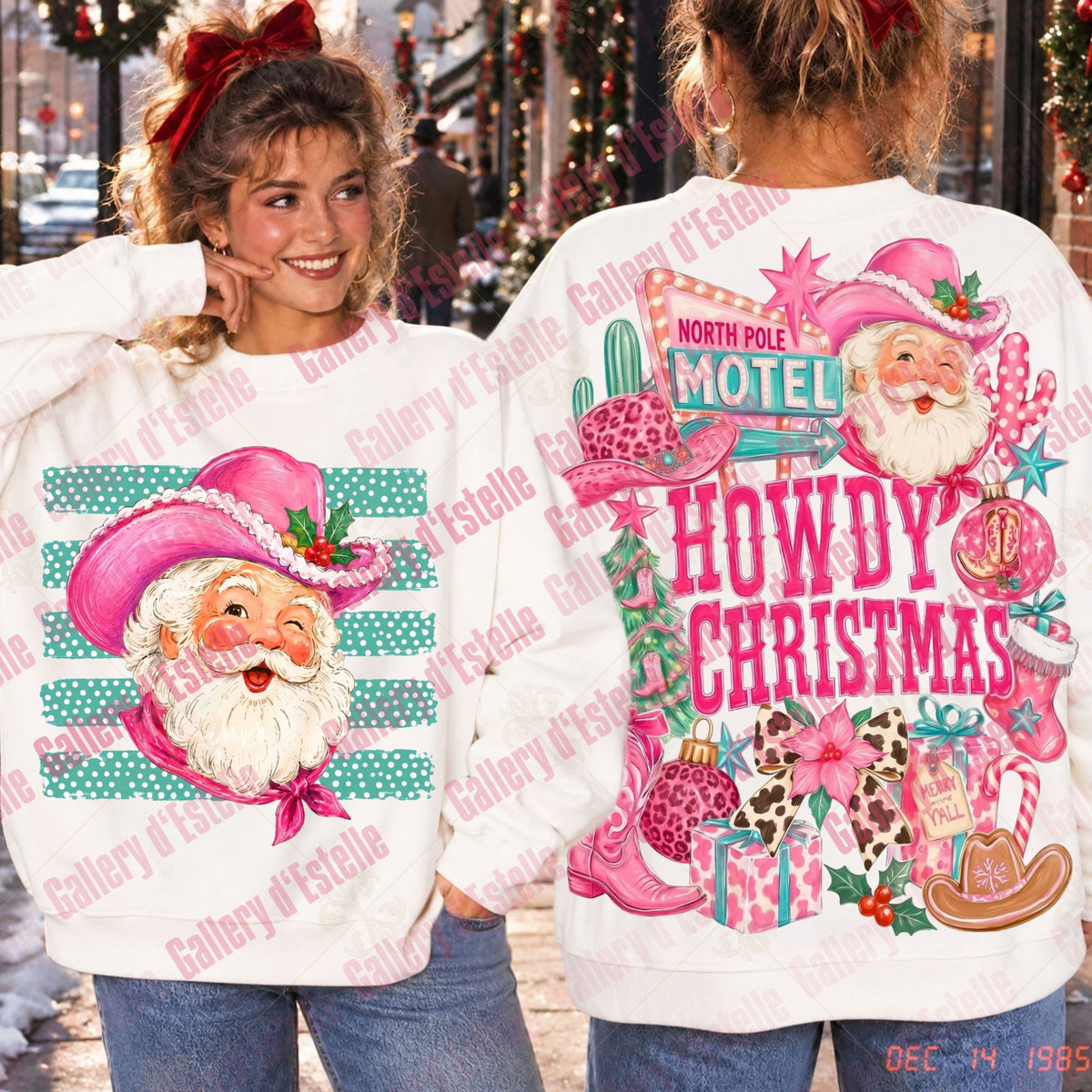 Two women modeling matching white Christmas-themed sweatshirts in a festive outdoor setting. The front view shows a large pink Santa hat and beard graphic with teal stripes, and the back view shows a colorful 'Howdy Christmas' design with a Santa face, pink text, and holiday motifs.