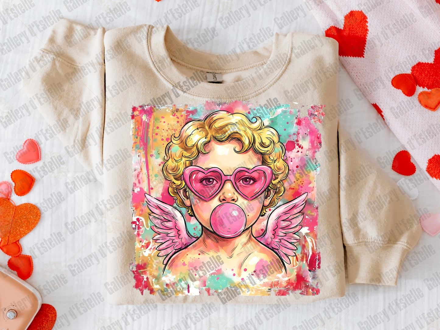 Preppy Cupid Valentine PNG, Colorful Watercolor Angel Graphic, Retro Bubblegum Art, Trendy Love Shirt Design
