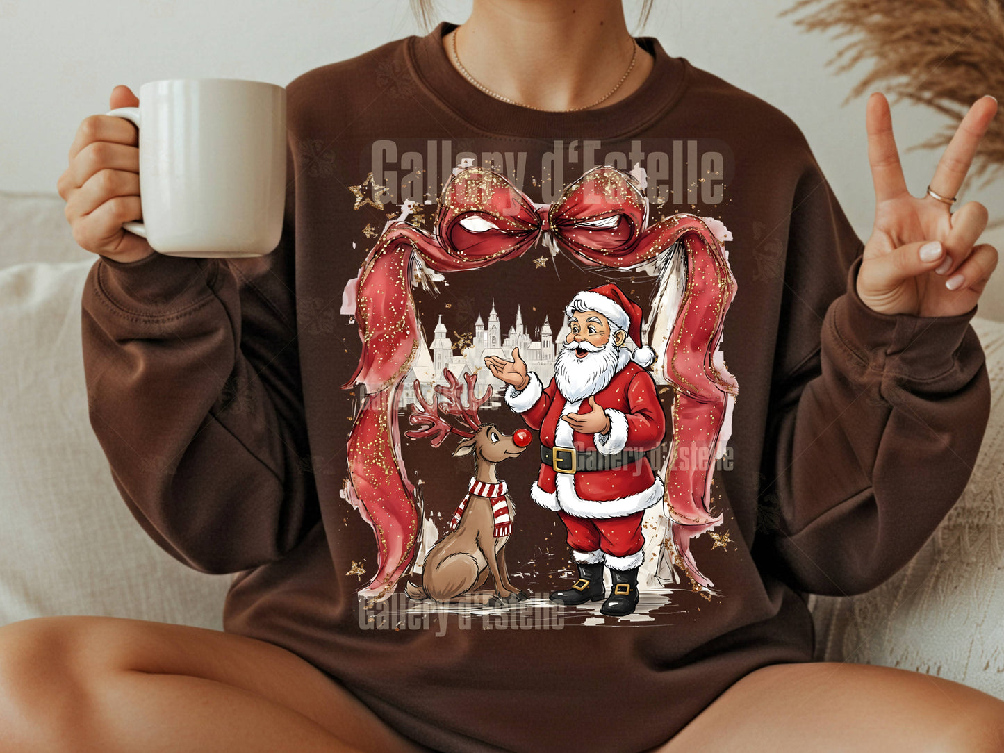 Coquette Santa and Reindeer PNG, Nostalgic Retro Christmas Town Graphic, Whimsical Holiday Sublimation, Festive Shirt Design