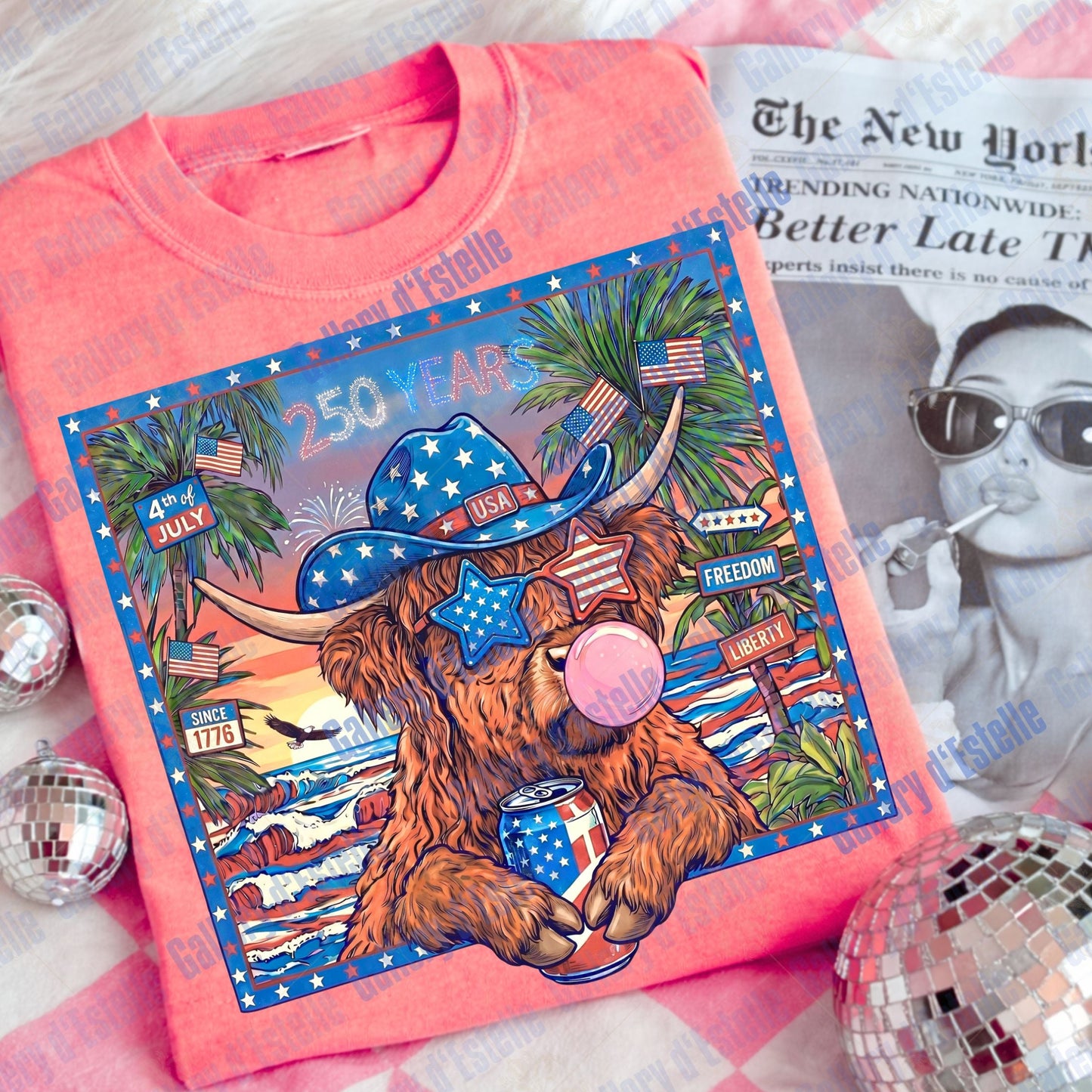 Patriotic Highland Cow PNG, Western 4th of July Graphic, Trendy USA Freedom Shirt Design