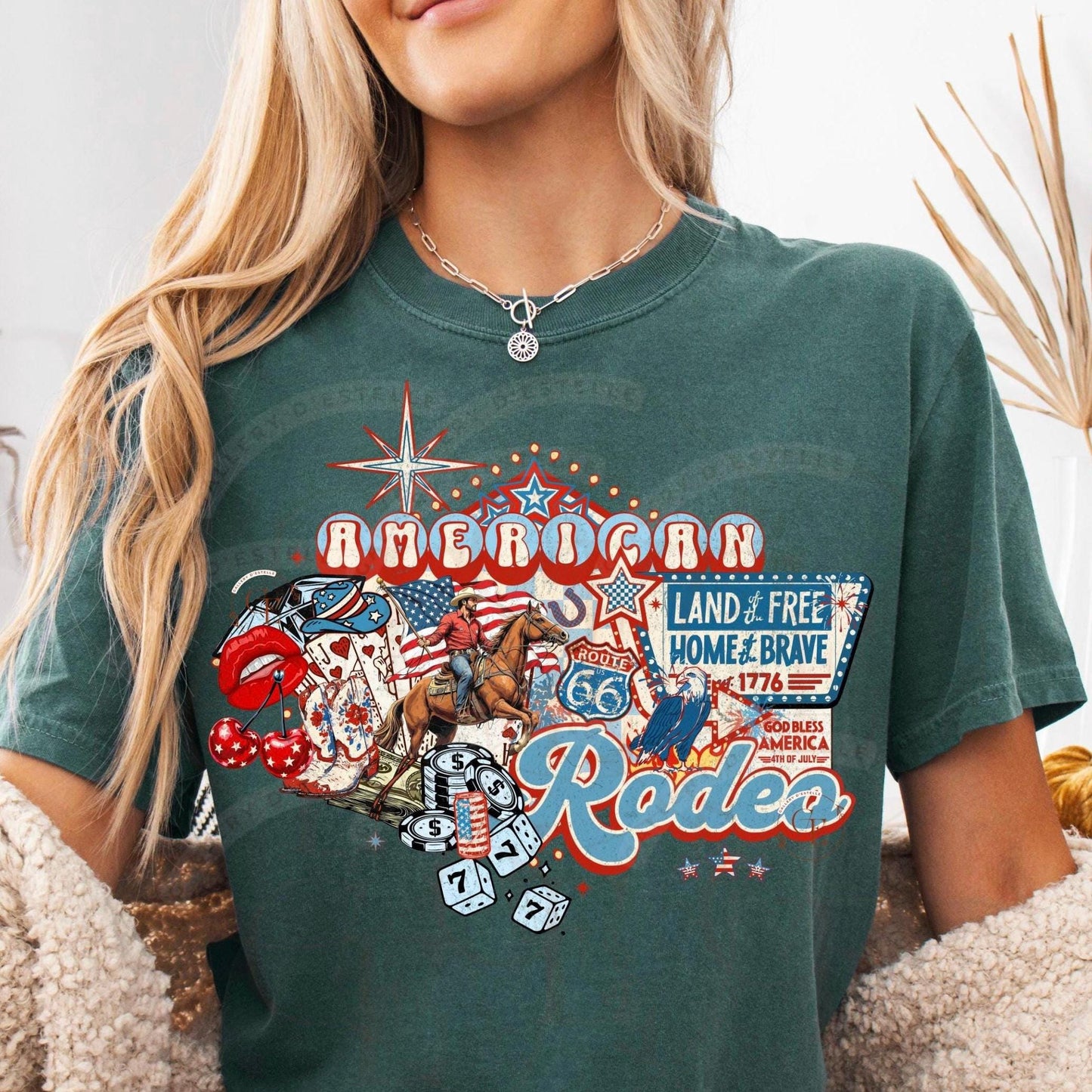 American Rodeo Western Collage PNG, Retro Cowboy Casino Graphic, Patriotic 4th of July Shirt Design