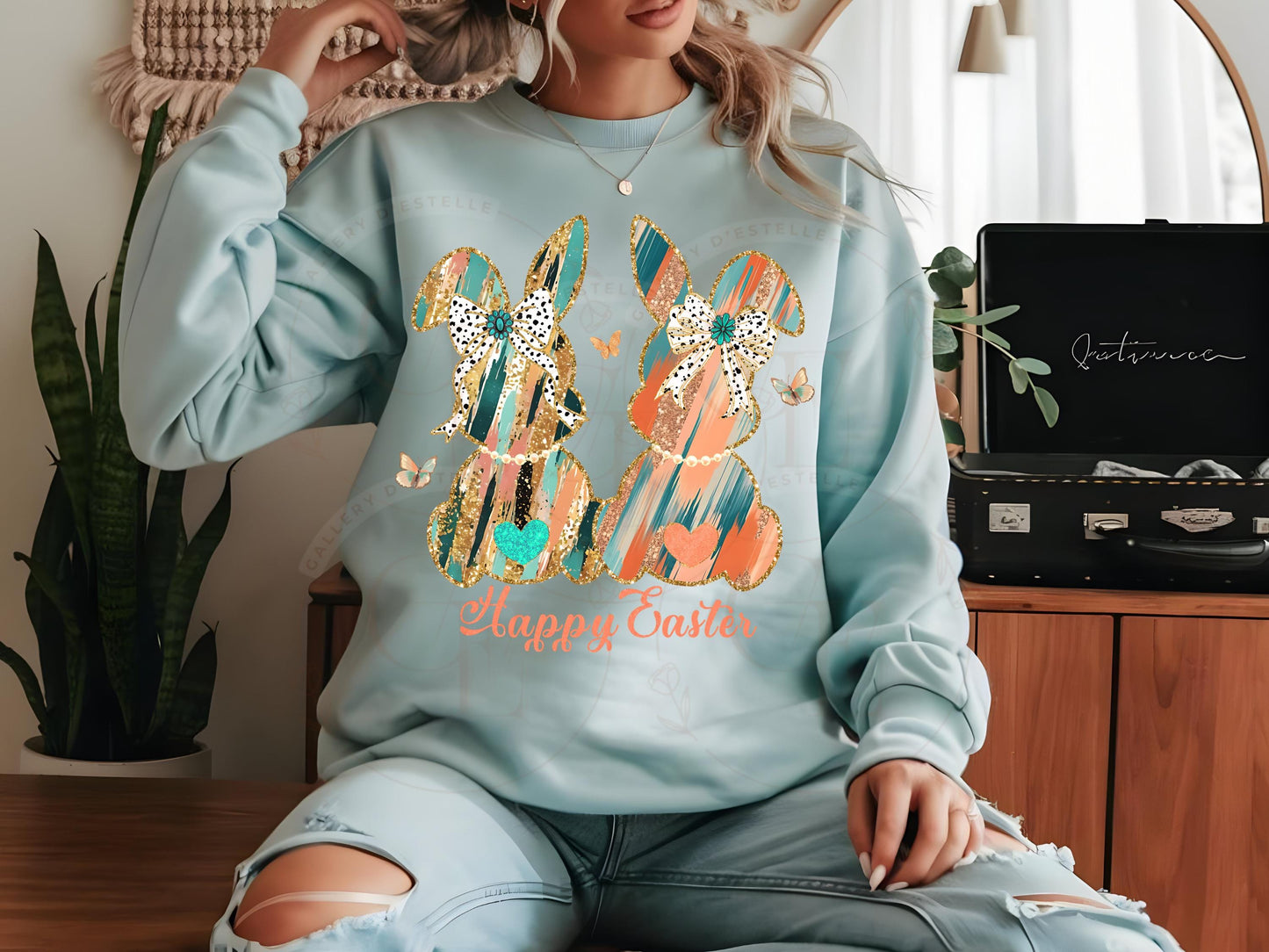 Coquette Glitter Bunnies PNG, Gold Coral Brushstroke Art, Cowgirl Easter Graphic, Trendy Country Shirt Design
