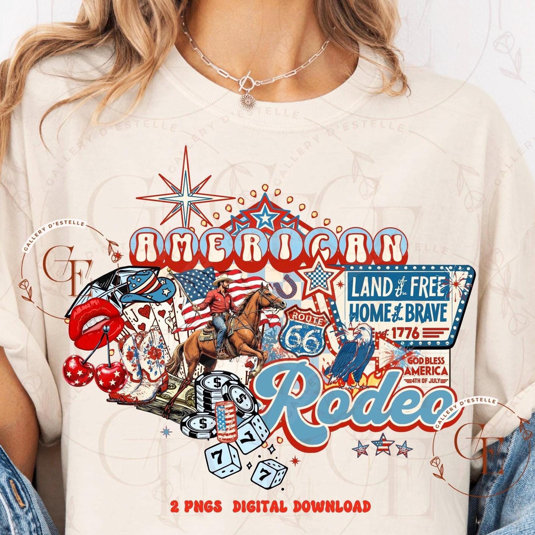 White sweatshirt with 'American Rodeo' graphic design featuring a cowboy, American flag, and Route 66 elements.