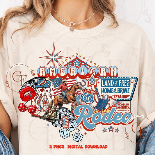 White sweatshirt with 'American Rodeo' graphic design featuring a cowboy, American flag, and Route 66 elements.