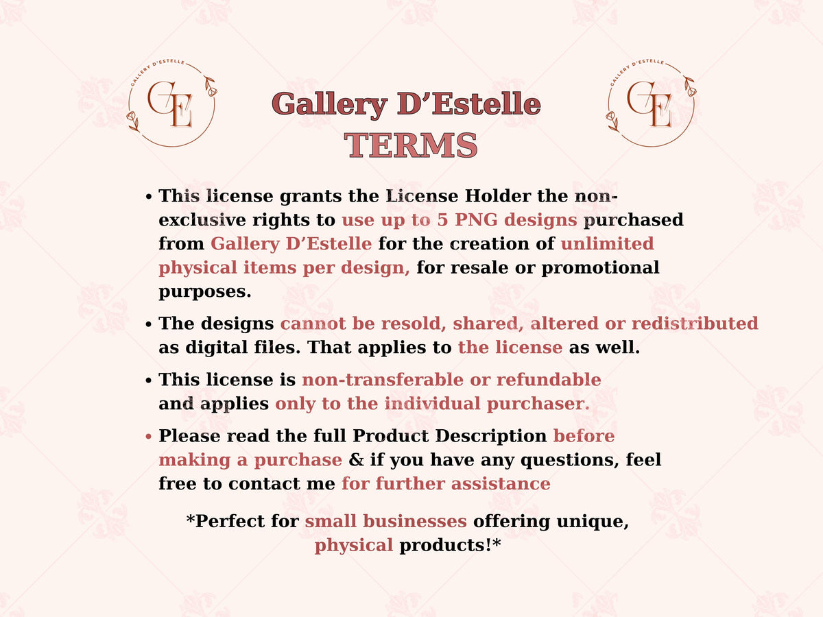 Gallery d'Estelle Extended POD License | 1–5 PNG Designs | Unlimited Physical Products