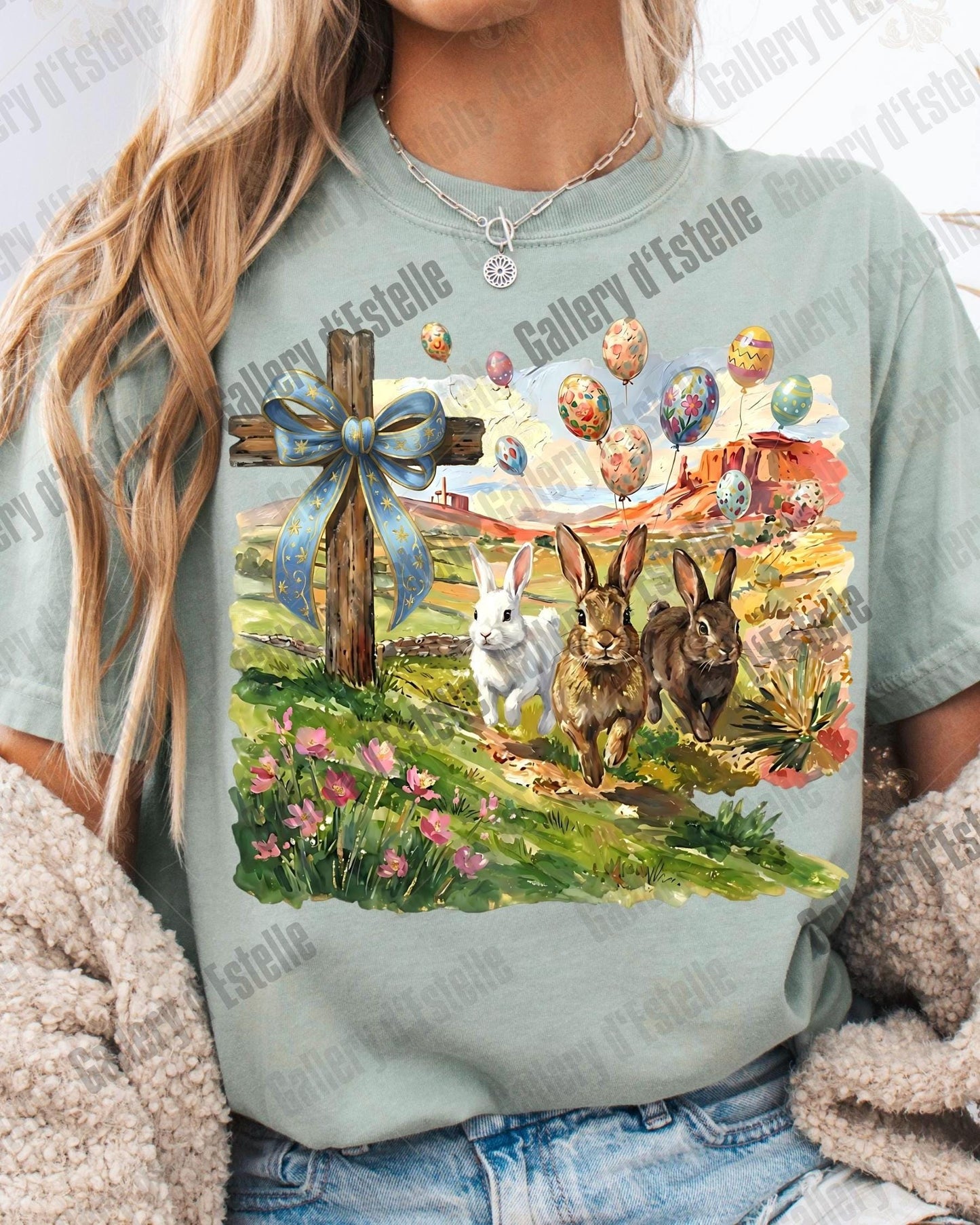 Christian Easter Bunny PNG, Coquette Cross Spring Scene, Vintage Religious Rabbit Art, Western Faith Shirt Design