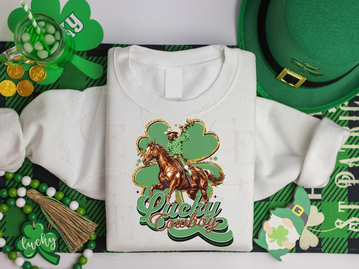 Lucky Cowboy PNG, St. Patricks Day Western Graphic, Retro Lucky Clover Art, Trendy Country Shirt Rodeo Design