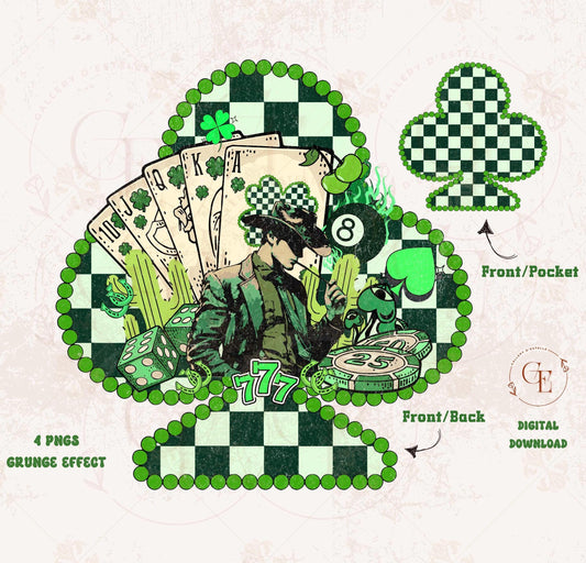 Feeling Lucky Cowboy PNG, Western Playing Cards and Shamrock Club Graphic, Trendy Checkered Country Shirt Design