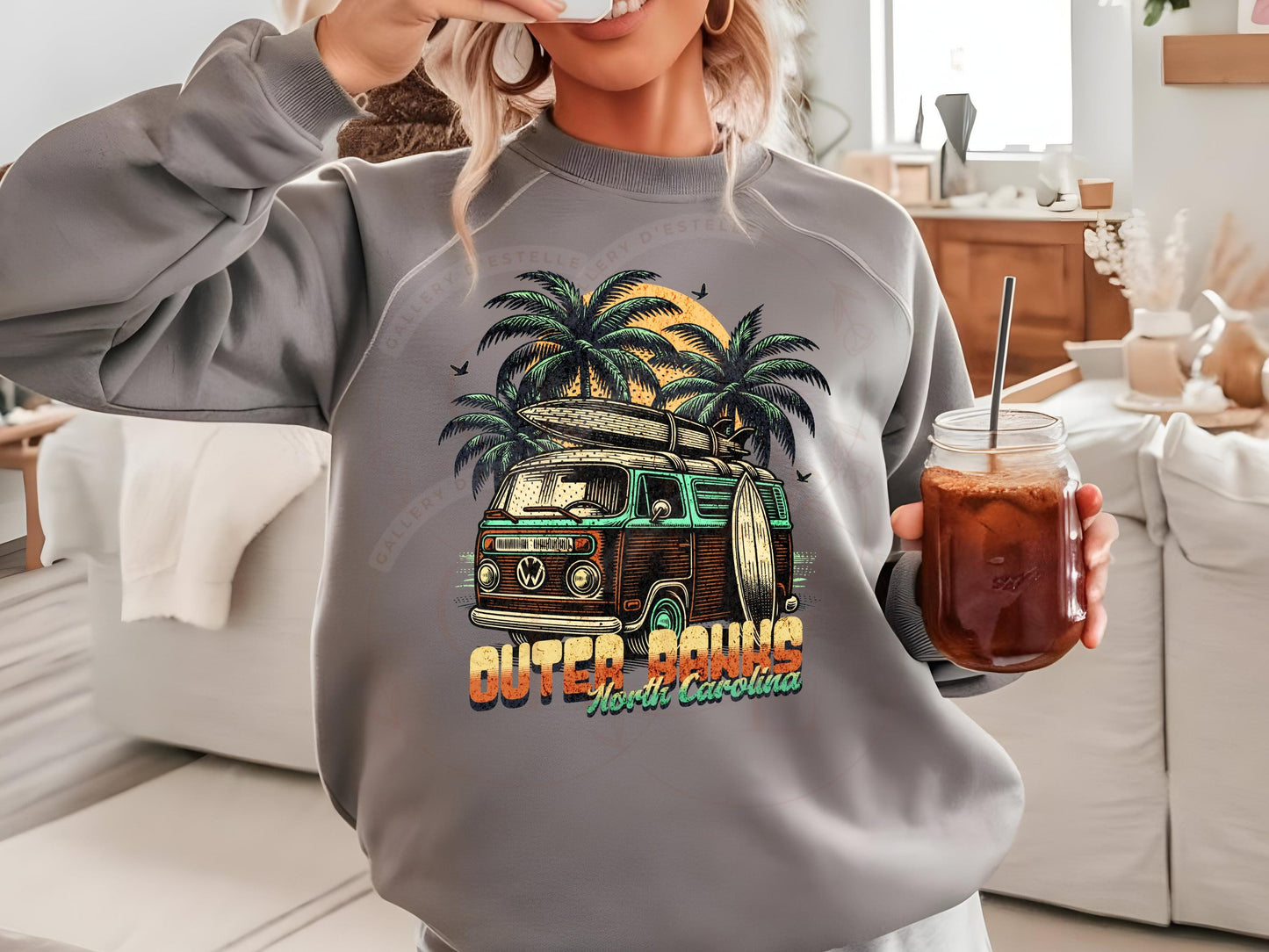 Outer Banks North Carolina PNG, Retro Surf Van Art, Beach Camp Life Graphic, Vintage Summer Shirt Design