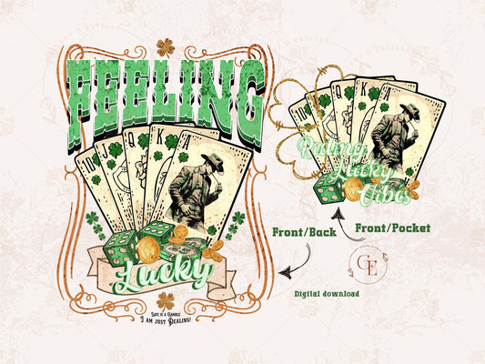 St. Patrick's Day Feeling Lucky PNG, Vintage Wild West Cowboy Poker Art, Festive Western Rodeo Shirt Design