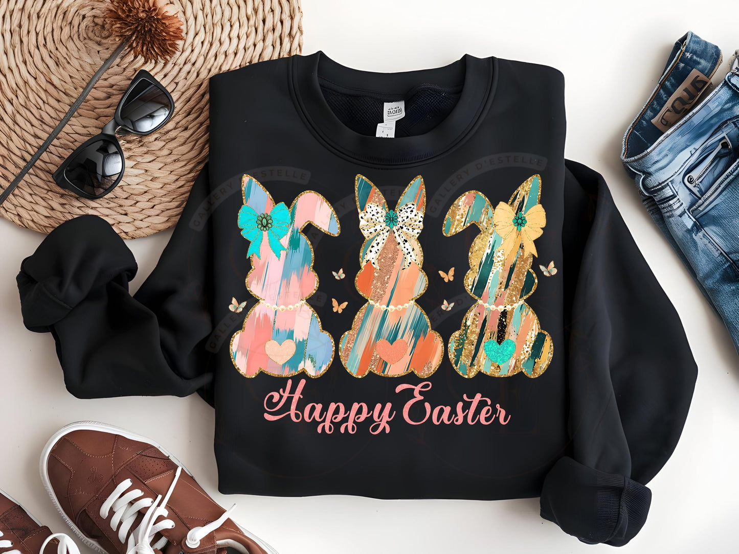 Coquette Easter Bunnies PNG, Gold Pink Brushstroke Art, Happy Easter Graphic, Trendy Country Shirt Design