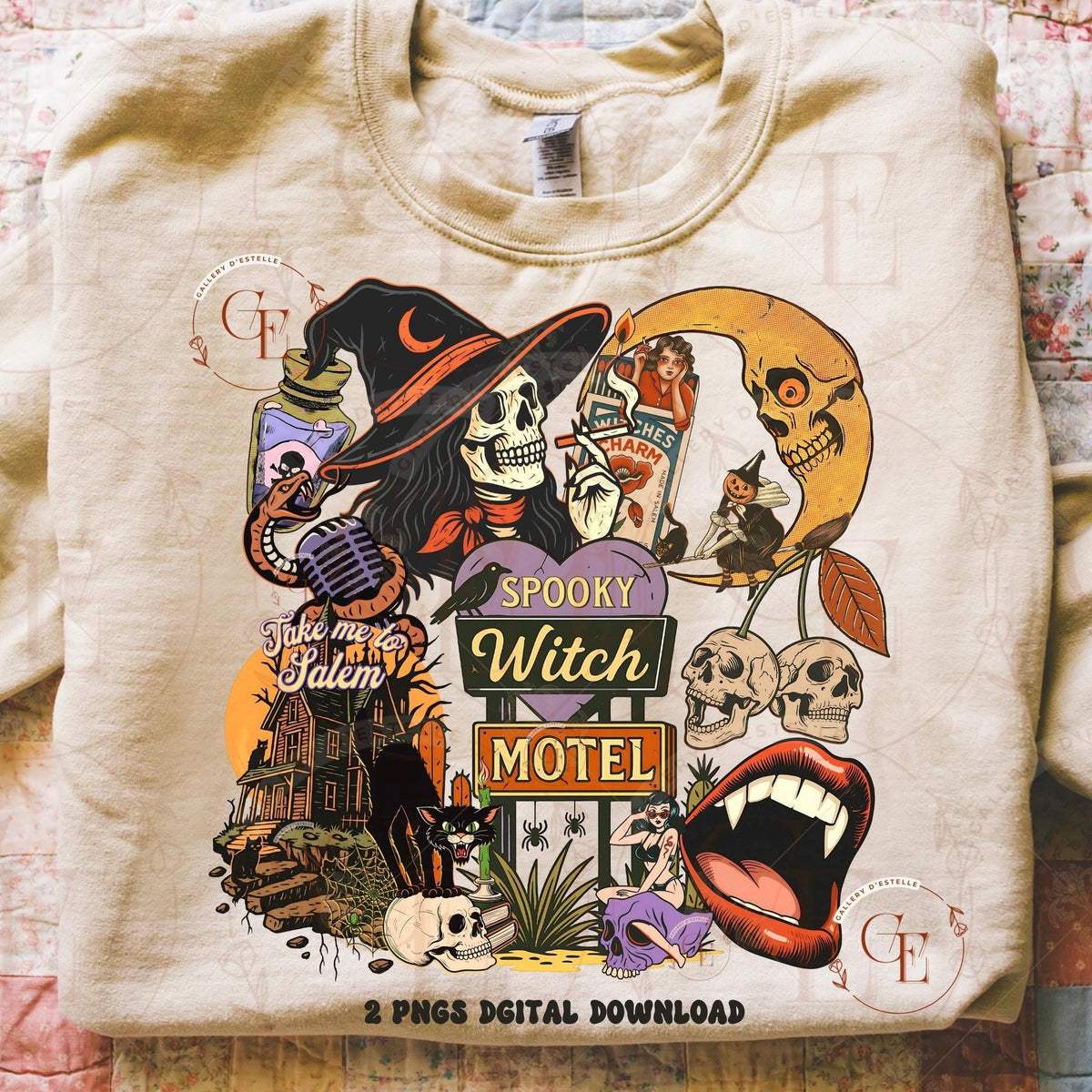 Beige sweatshirt with Halloween-themed design featuring a skeleton in a witch hat and various elements.