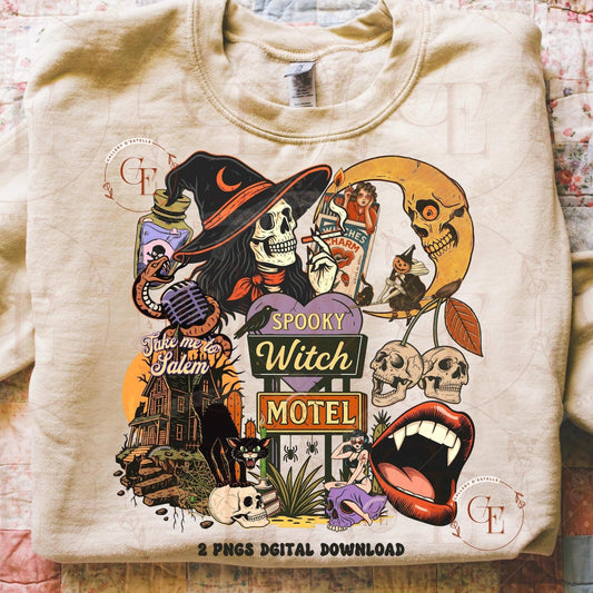 Beige sweatshirt with Halloween-themed design featuring a skeleton in a witch hat and various elements.