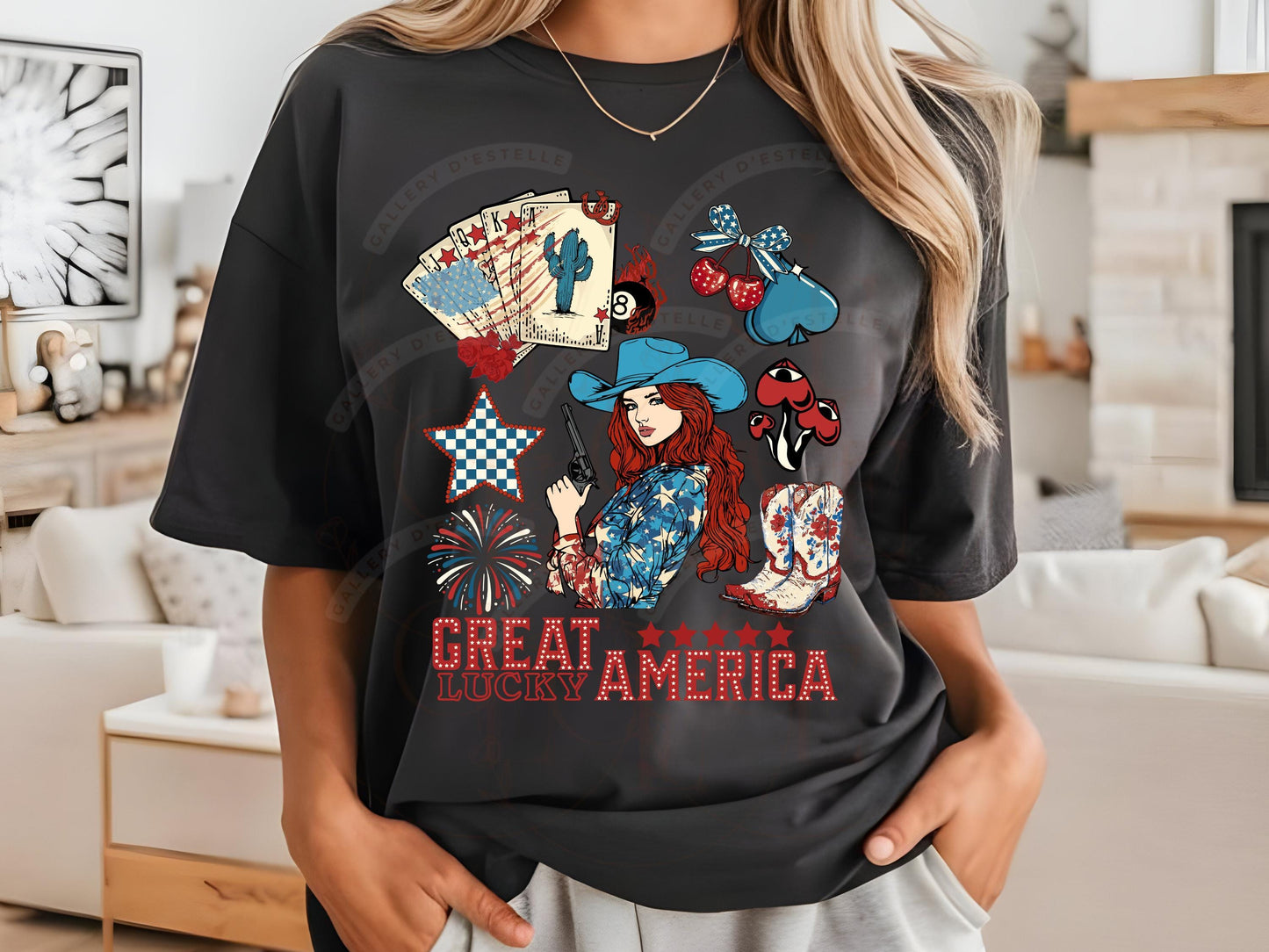 Great America Lucky PNG, Western Patriotic Cowgirl Casino Collage, Lucky 4th of July Country Shirt Design
