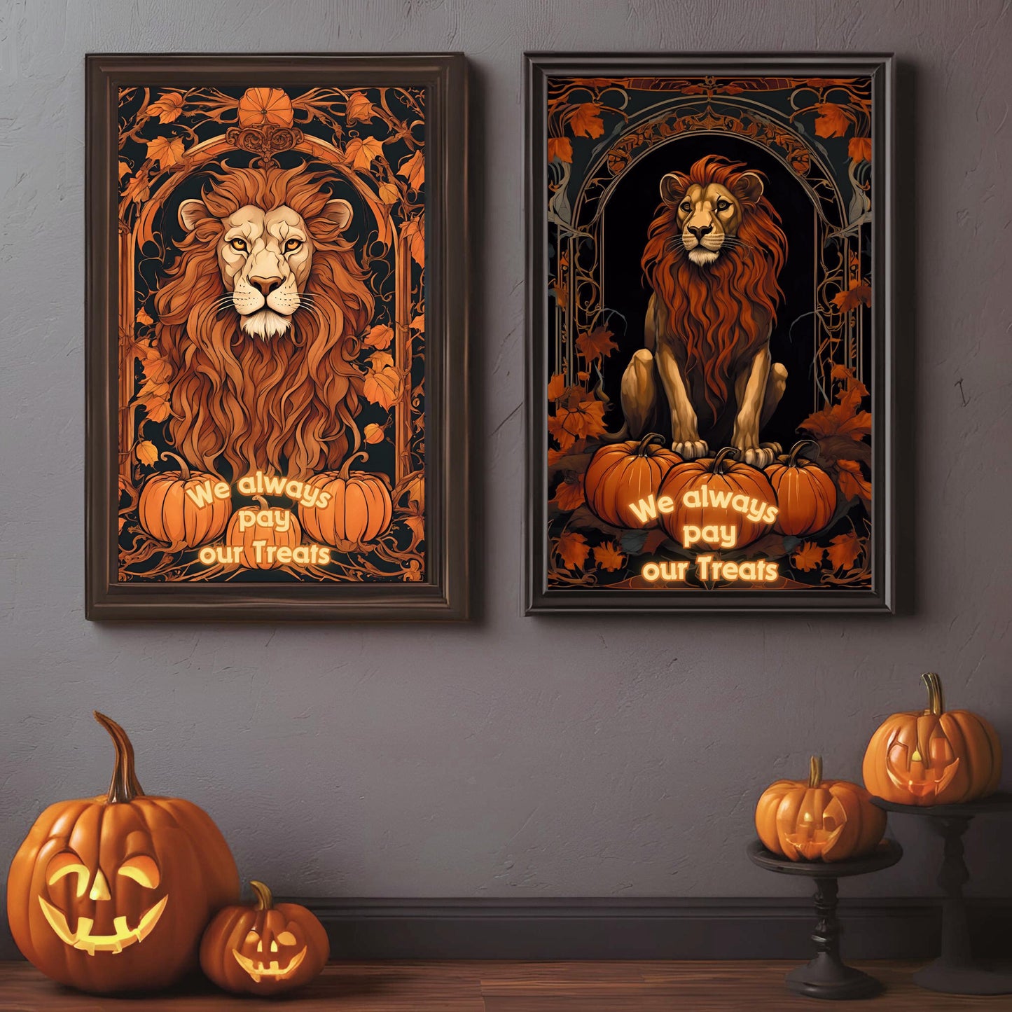 Halloween Lions Wall Art Bundle, "House Trickster" Spooky Decor and Art Nouveau Decoration for Halloween