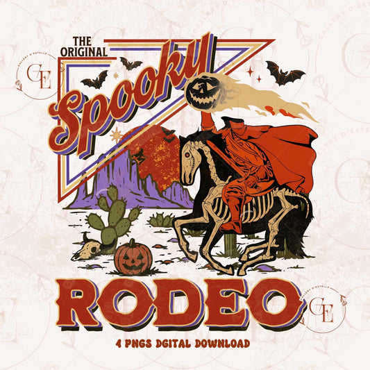 Spooky Rodeo Halloween-themed cover with skeleton rider on horse, pumpkins, and bats.