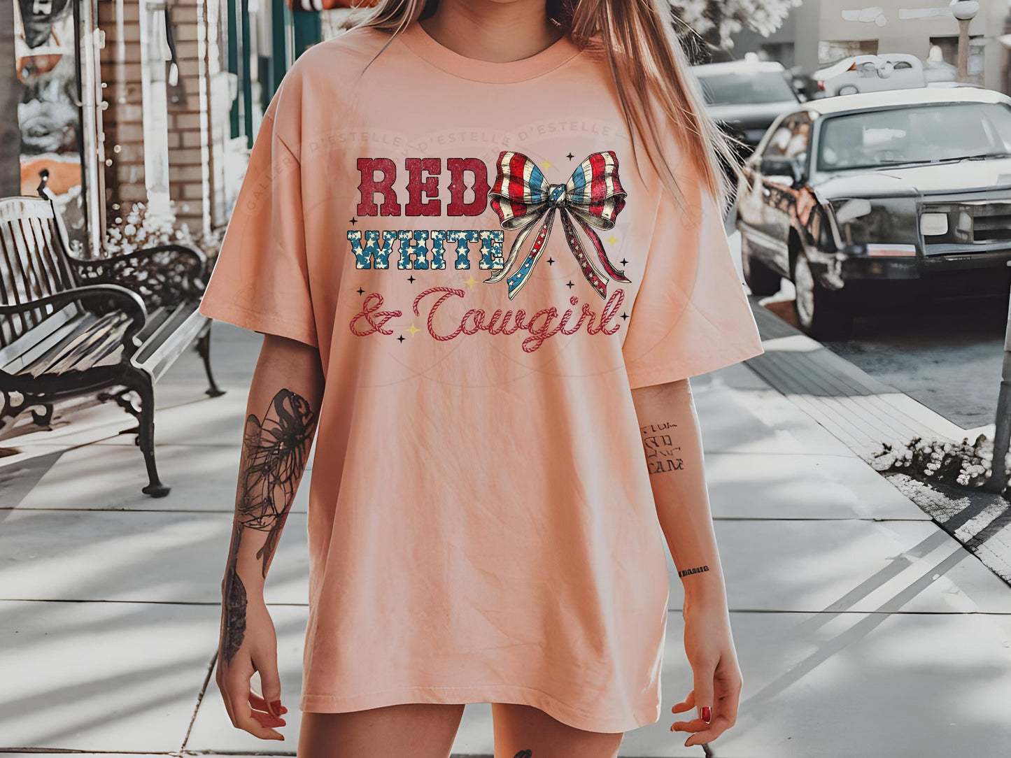 Red White & Cowgirl PNG, Retro Western 4th of July Graphic, Coquette Patriotic Rodeo Shirt Design