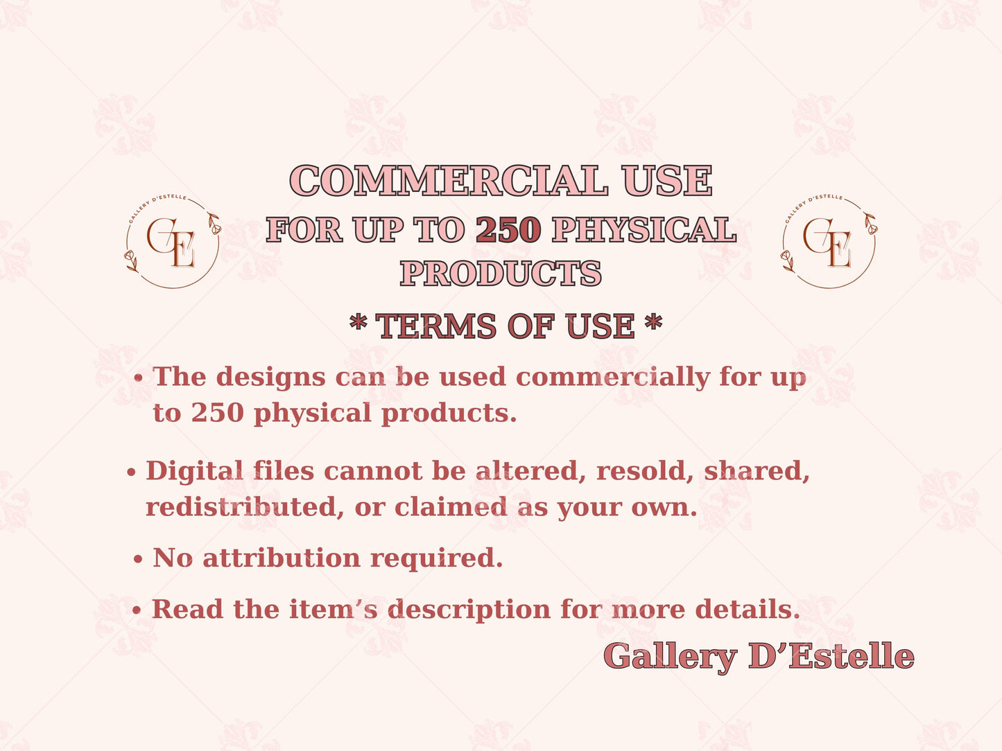Terms of use for commercial use with Gallery D'Estelle branding on a light pink background.