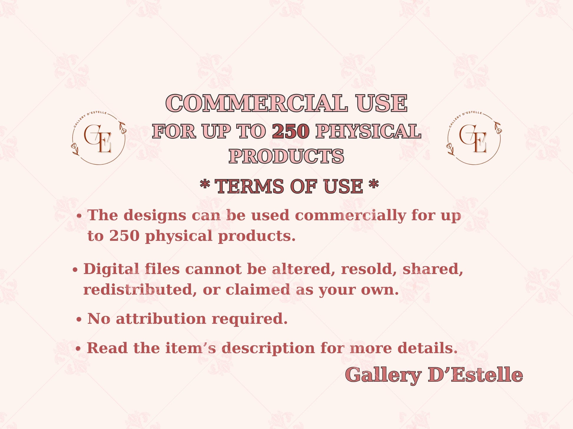 Terms of use for commercial use with Gallery D'Estelle branding on a light pink background.