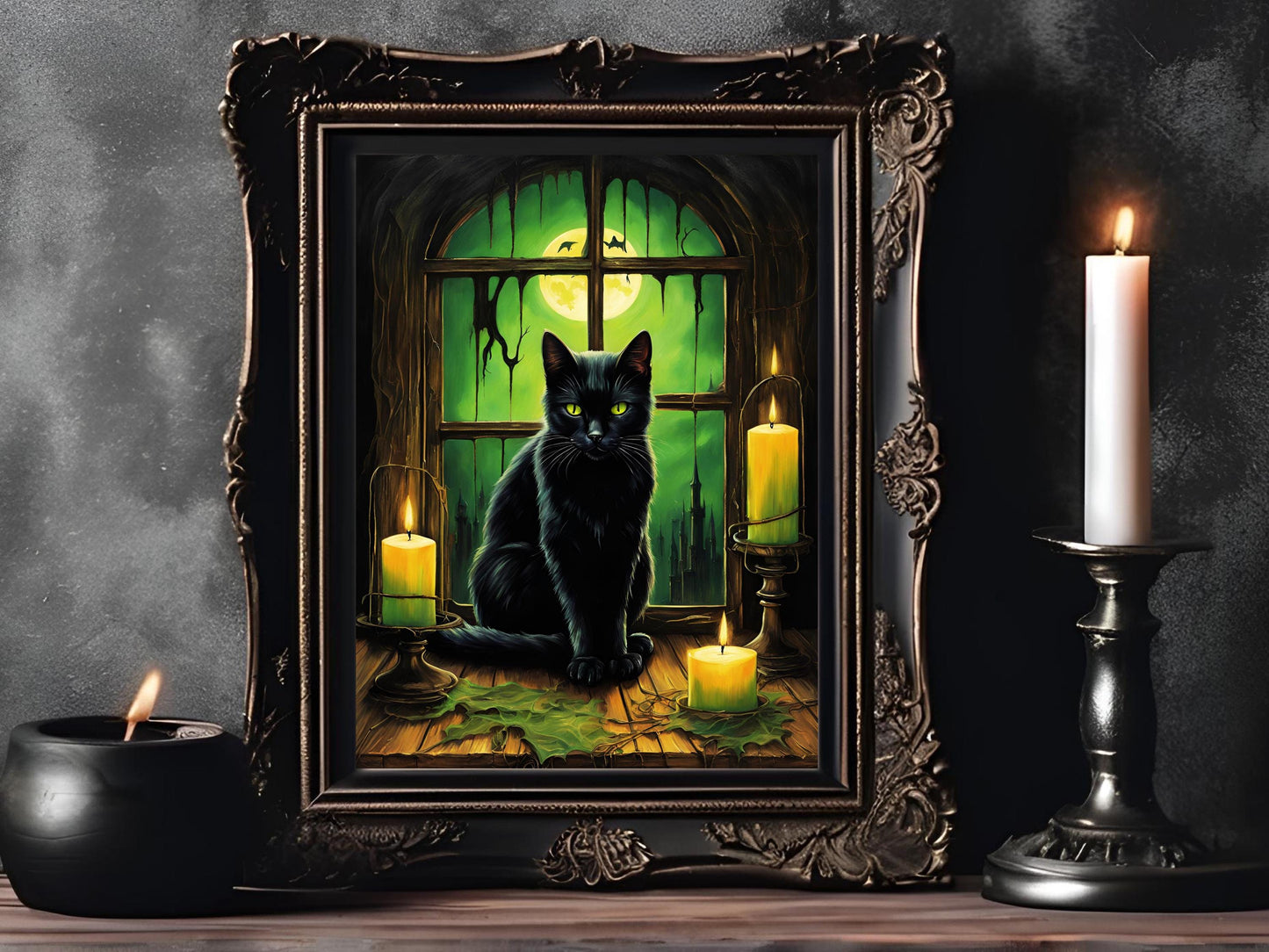 Black Cat Wall Art Print, Gothic Halloween Poster, Spooky Cat Decor, Dark Aesthetic Digital Art