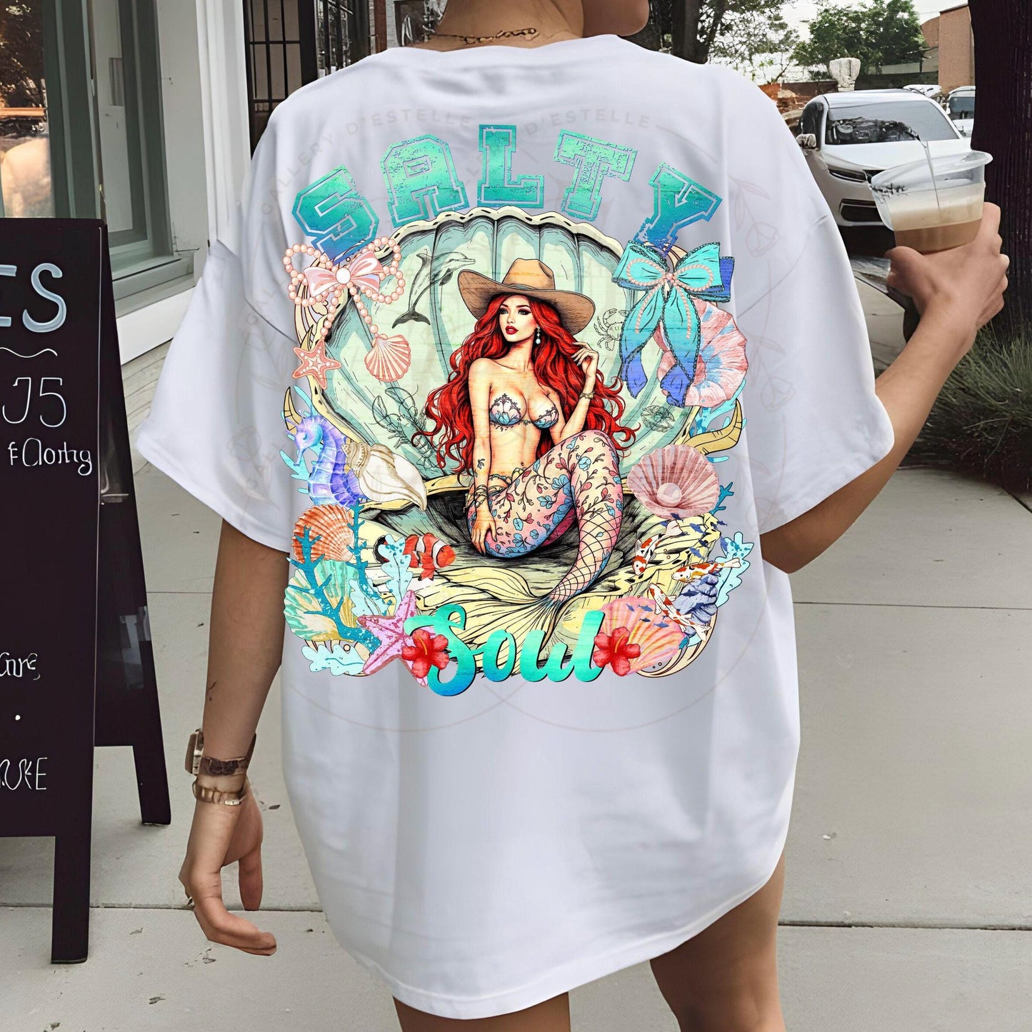 Salty Soul PNG, Coquette Cowgirl Mermaid Graphic, Coastal Summer Girl Art, Western Beach Shirt Design