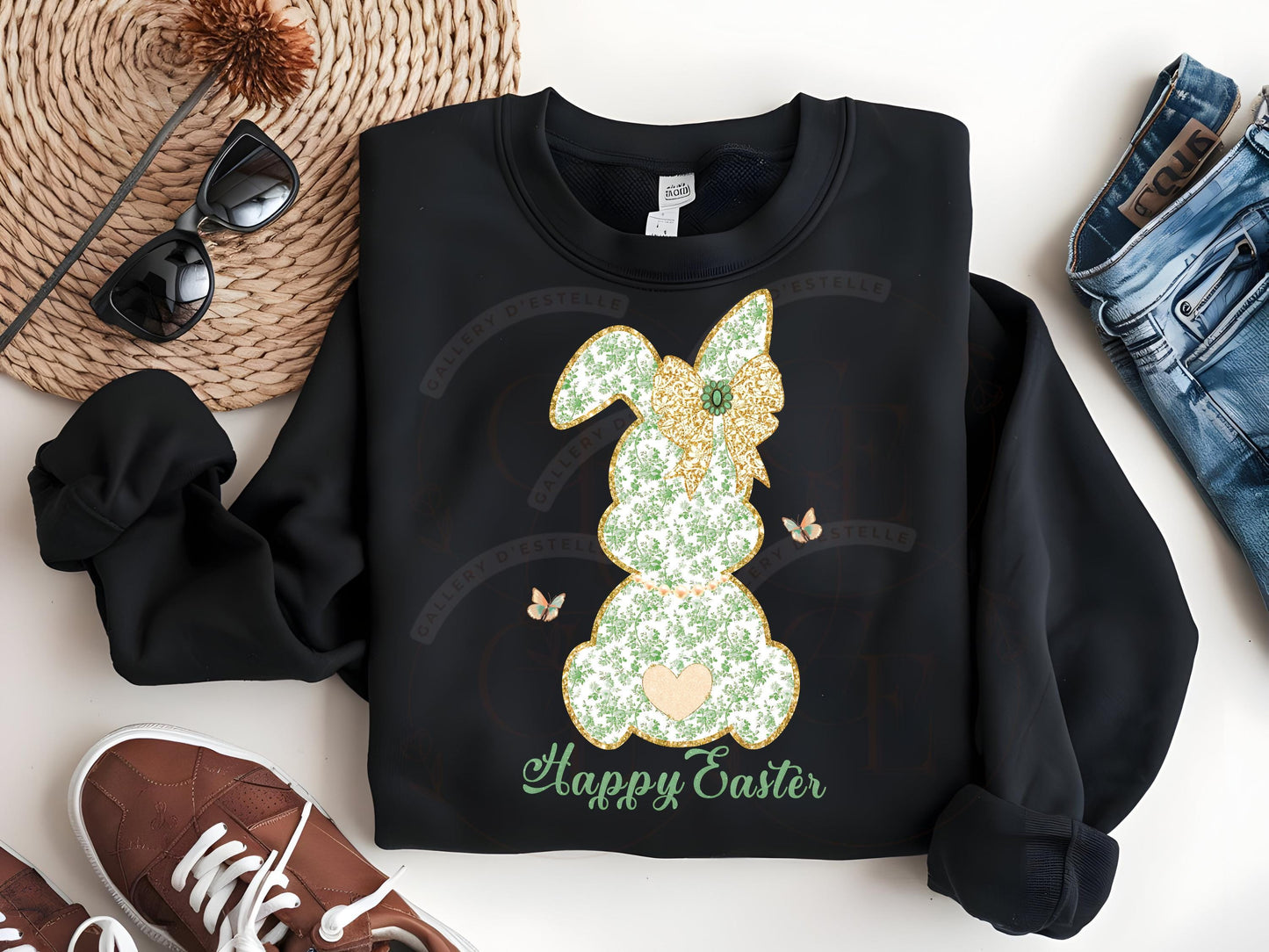 Coquette Green French Toile Bunny PNG, Vintage Glitter Lace Bow Graphic, Happy Easter Art, Country Chic Shirt Design
