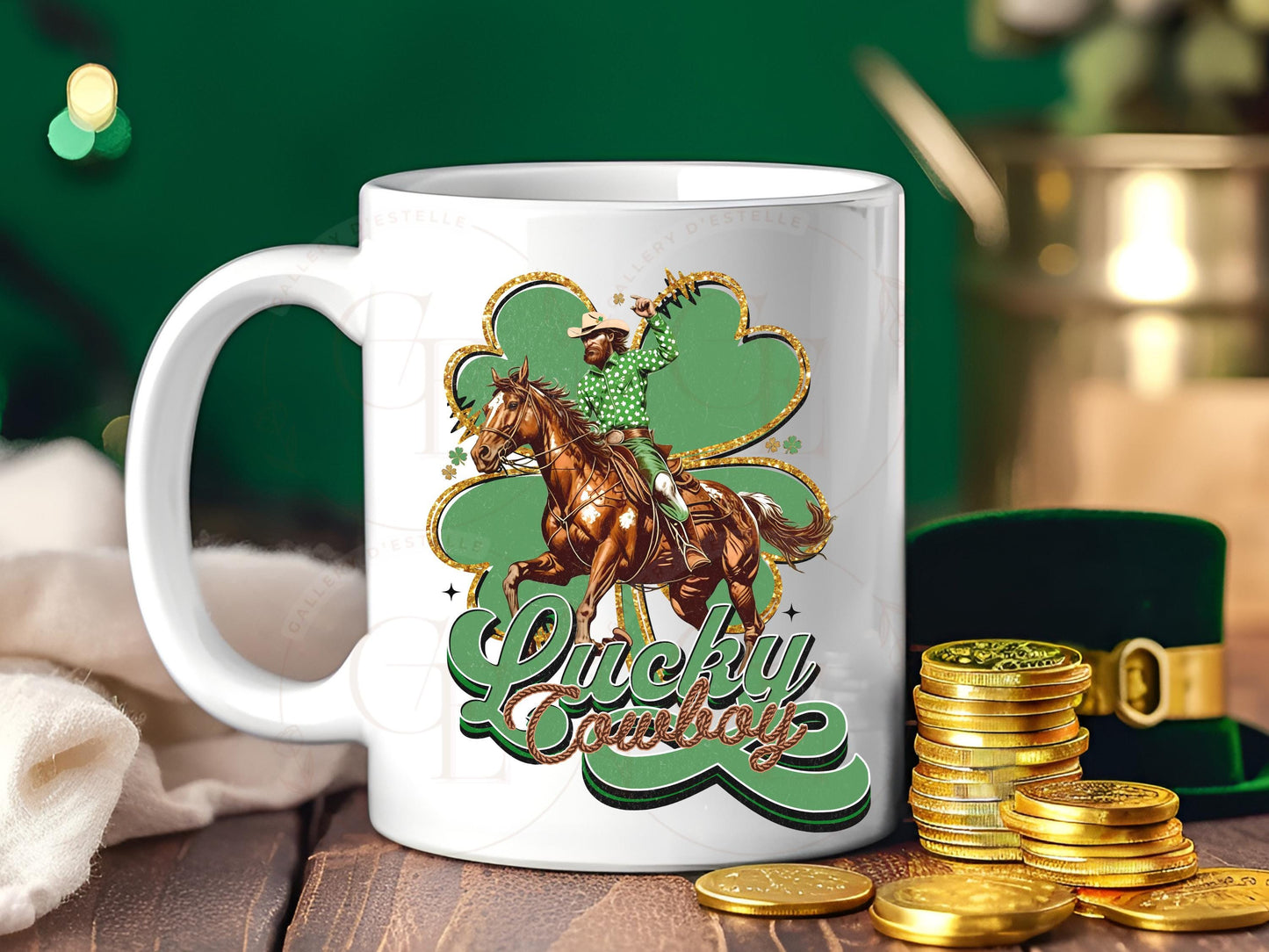 Lucky Cowboy PNG, St. Patricks Day Western Graphic, Retro Lucky Clover Art, Trendy Country Shirt Rodeo Design