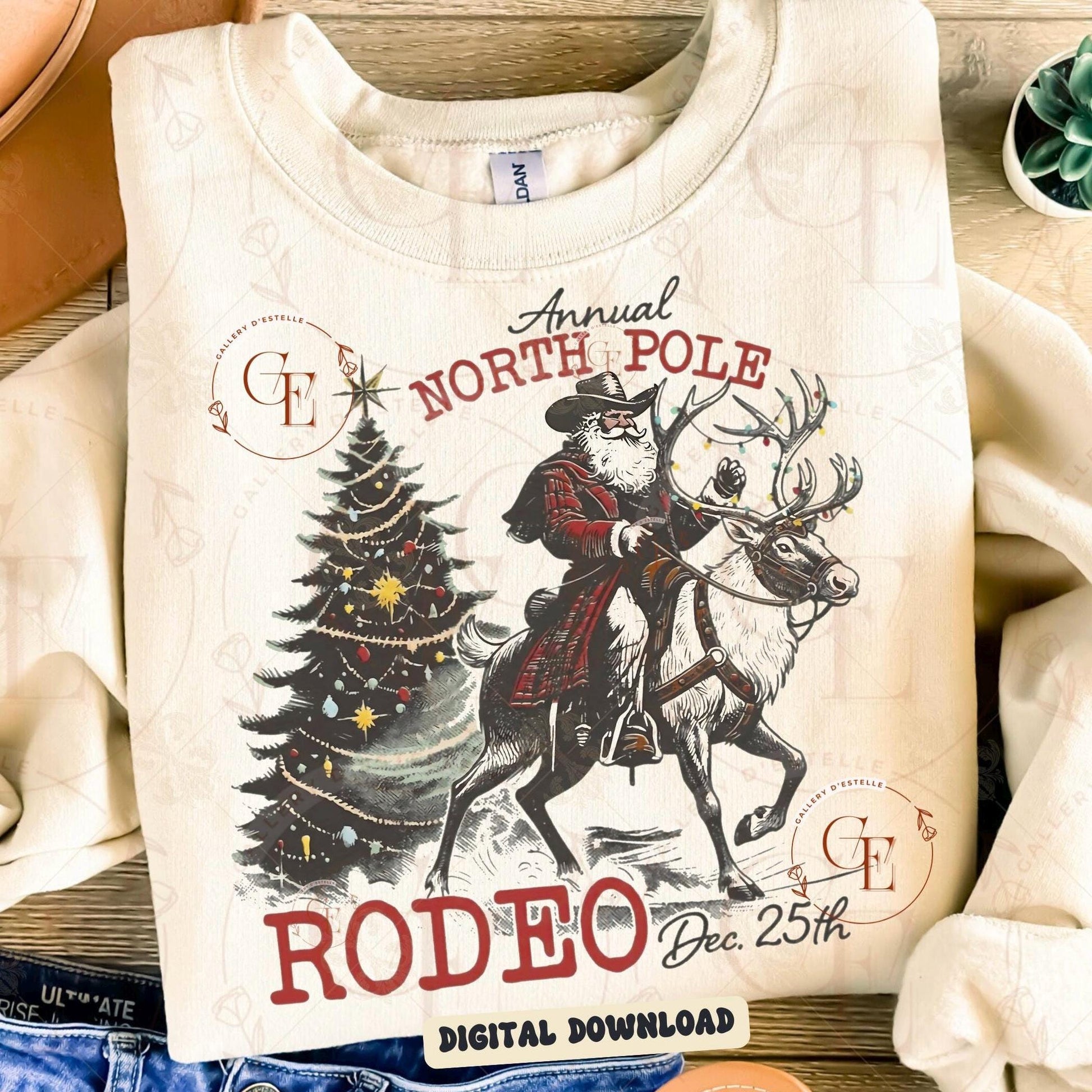 North Pole Rodeo PNG, Retro Cowboy Christmas Graphic, Santa Riding Reindeer Western Design, Vintage Holiday Shirt Sublimation