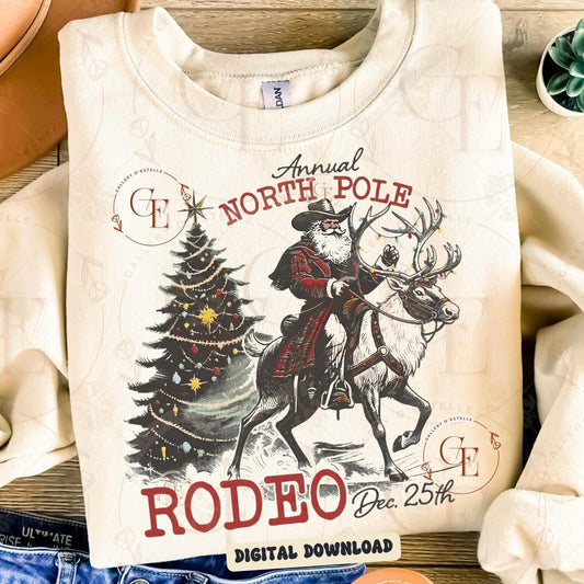 North Pole Rodeo PNG, Retro Cowboy Christmas Graphic, Santa Riding Reindeer Western Design, Vintage Holiday Shirt Sublimation