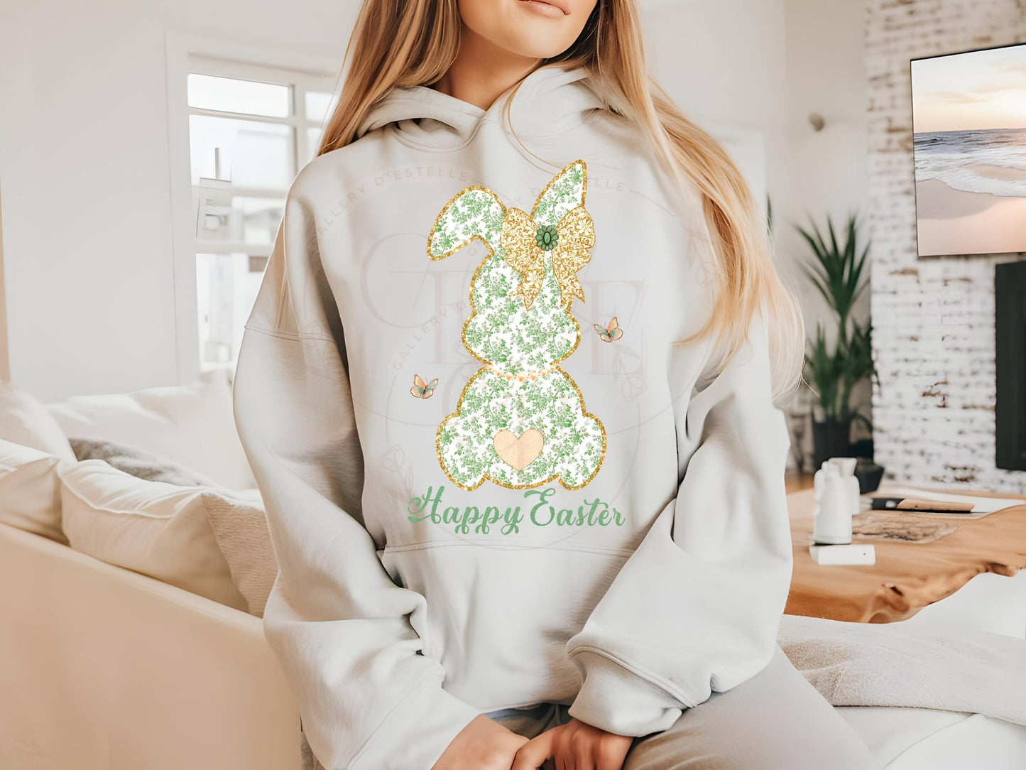 Coquette Green French Toile Bunny PNG, Vintage Glitter Lace Bow Graphic, Happy Easter Art, Country Chic Shirt Design
