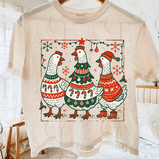 Boho Christmas Chickens PNG, Retro Festive Chicken Graphic, Vintage Farmhouse Holiday Sublimation, Coquette Chick Shirt Design