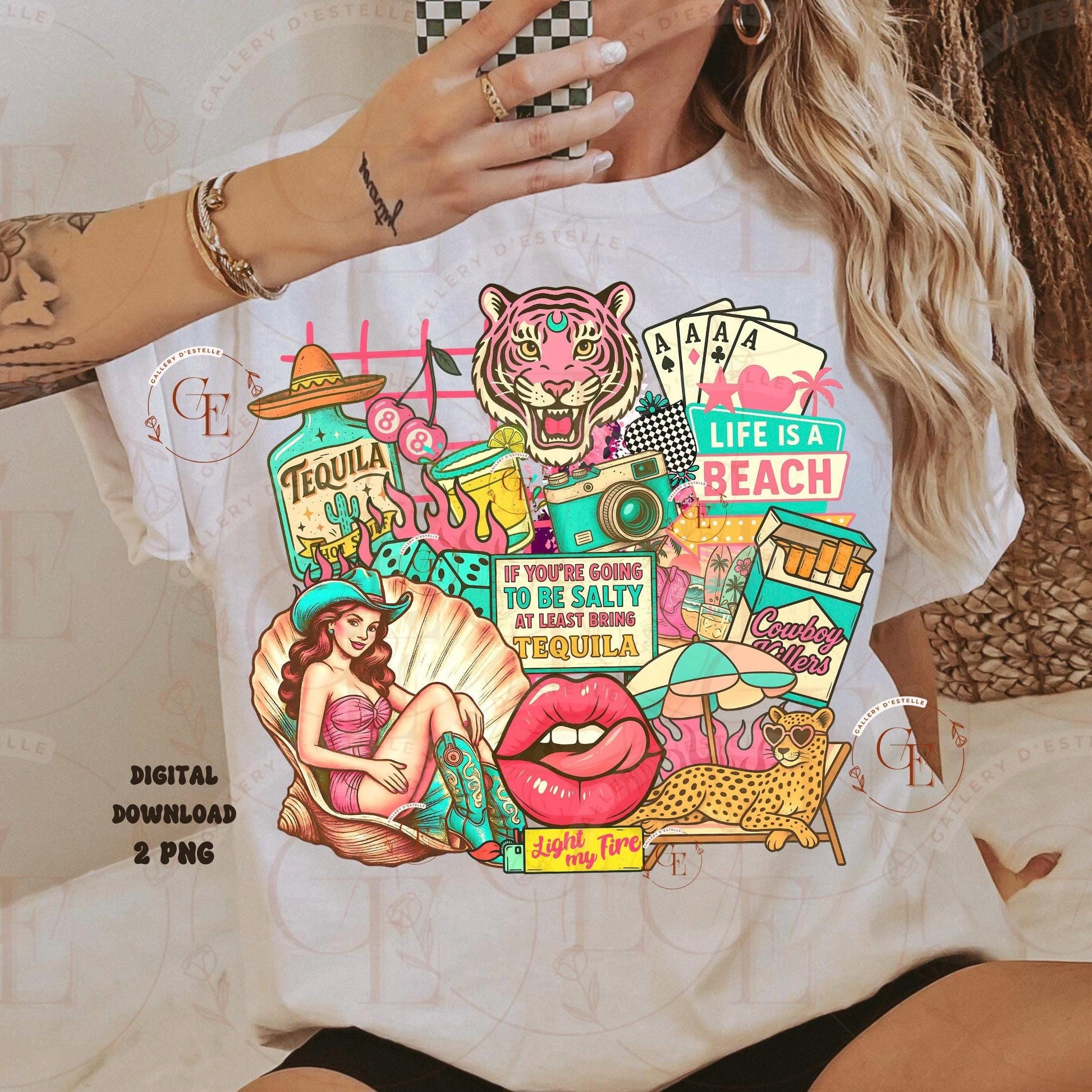 White t-shirt with colorful western cowgirl summer graphic designs and text, worn by a person.